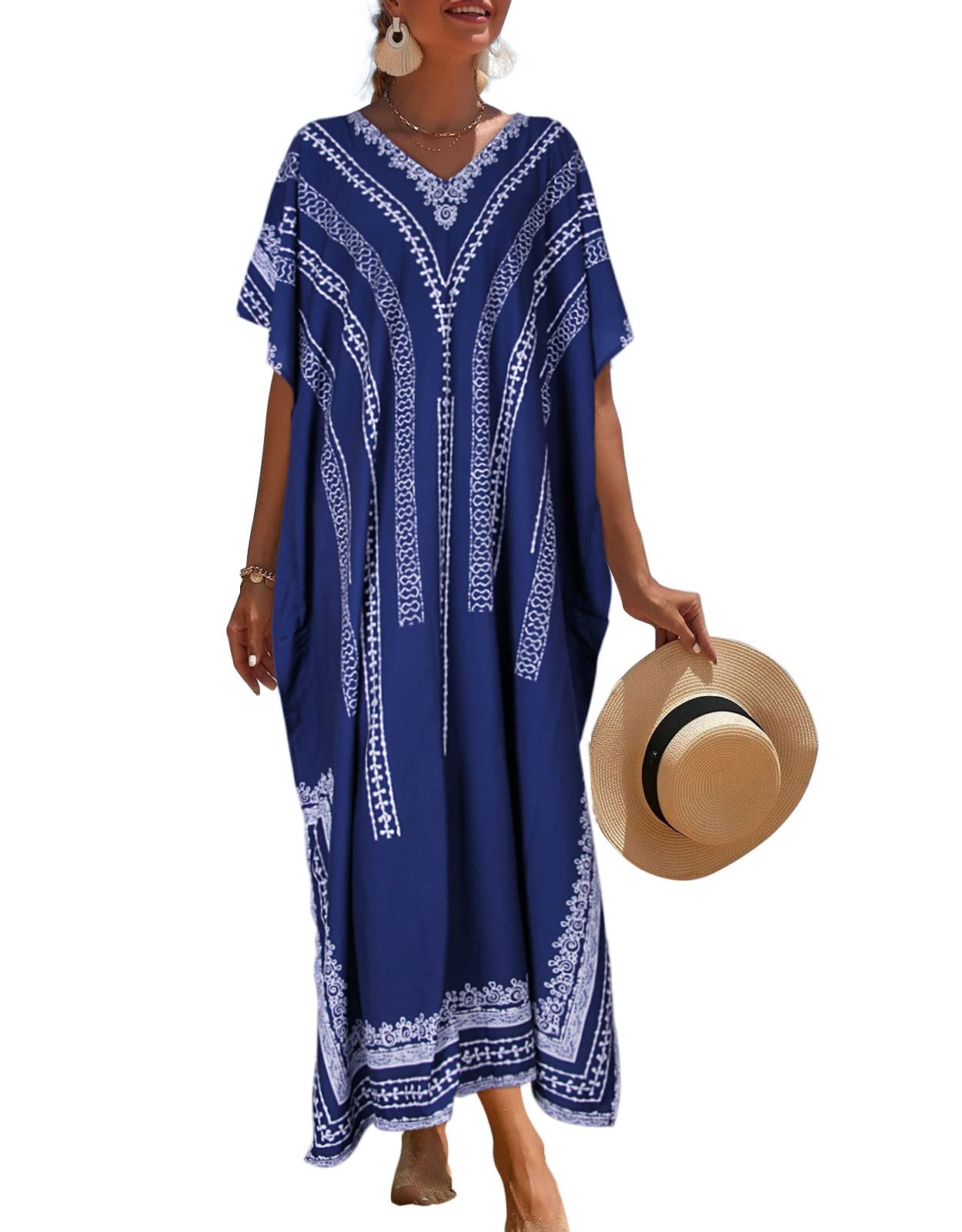 DRVITOR Women's Ethnic Print Kaftan Dress - Long Loose Batwing Sleeve Beach Cover Up - Maxi Swimsuit Cover Up (One Size) - Perfect for Pool Parties, Vacations & Summer Outings