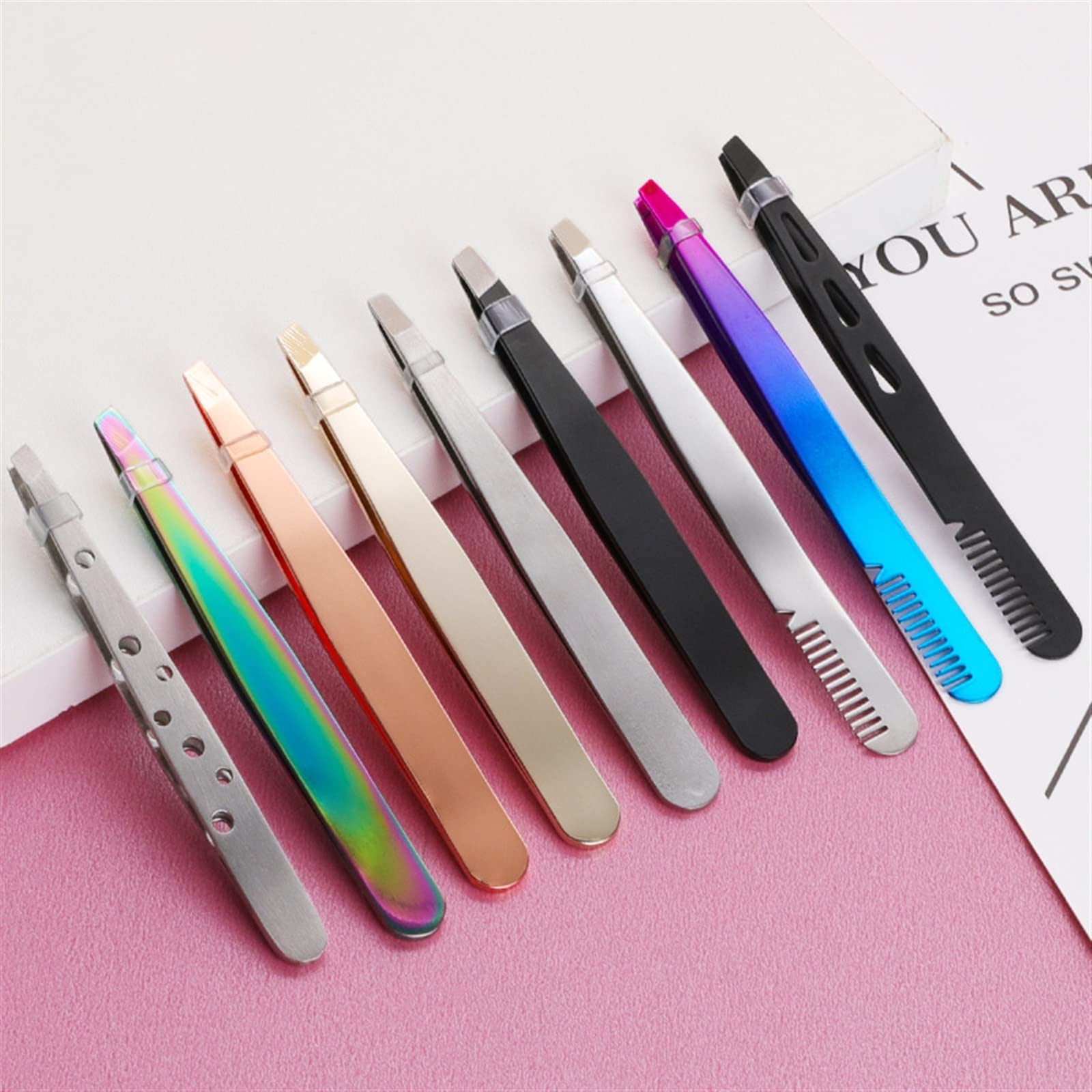 Professional Stainless Steel Lash & Eyebrow Tweezers Set - Slant Tip & Flat Comb Eyelash Applicators for False Eyelash Extension, Brow Shaping & Makeup Tools (6 Colors) - Perfect for Salon Professionals & Home Beauty Routines