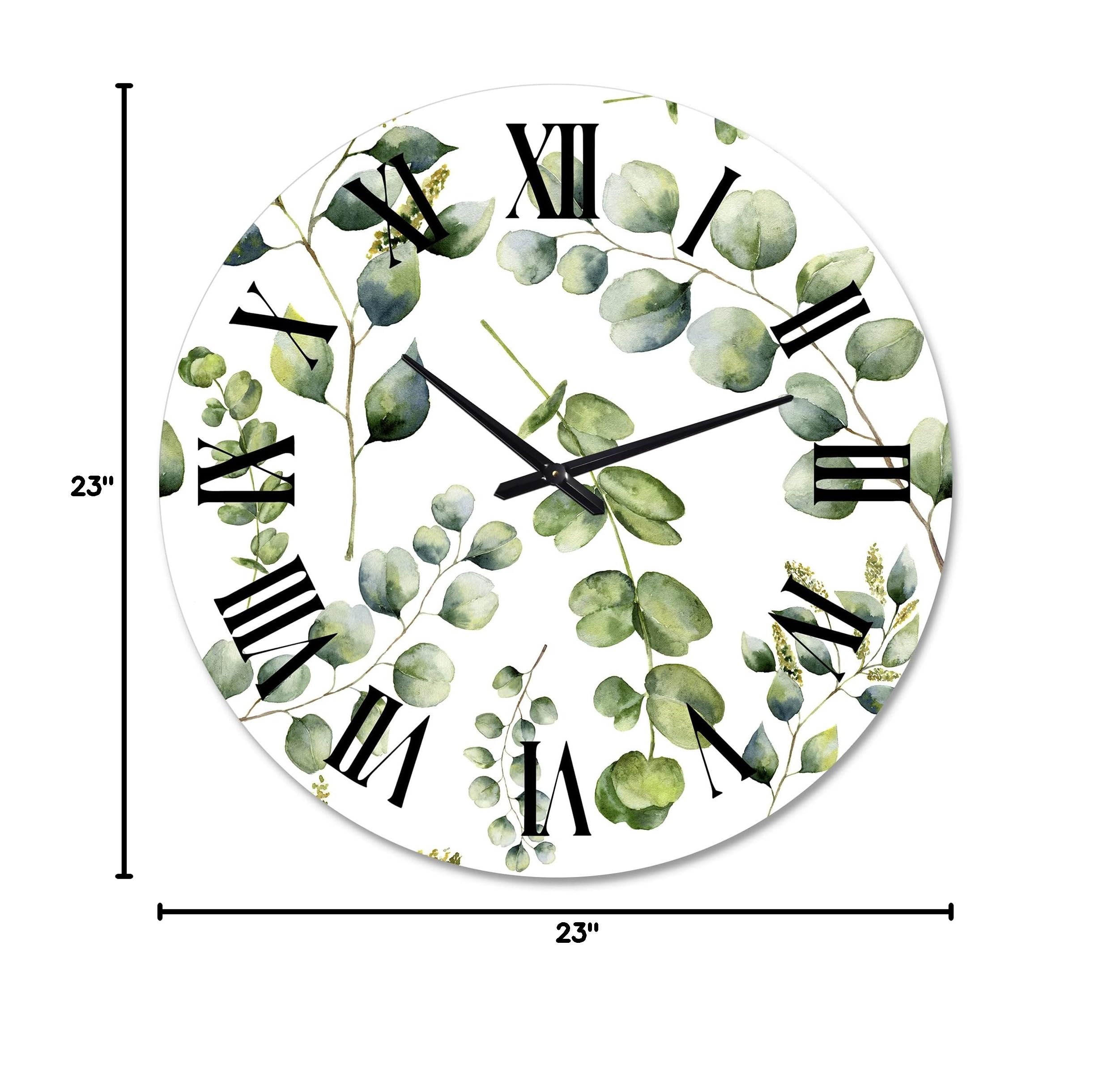 Green Eucalyptus Branches III Large Wall Clock - Traditional Floral Botanical Decor for Bedroom, Living Room & Office | Silent Non-Ticking Modern Home Décor