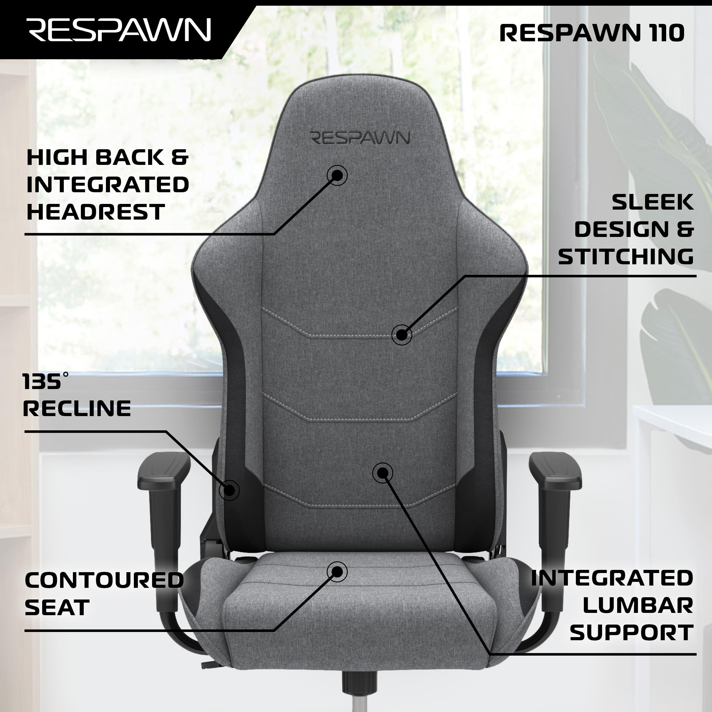 RESPAWN 110 Ergonomic Gaming Chair - Grey Fabric PC Computer Chair with Headrest & 135° Recline for Adults | Comfortable Office & Video Game Chair for Home, Streaming & Esports