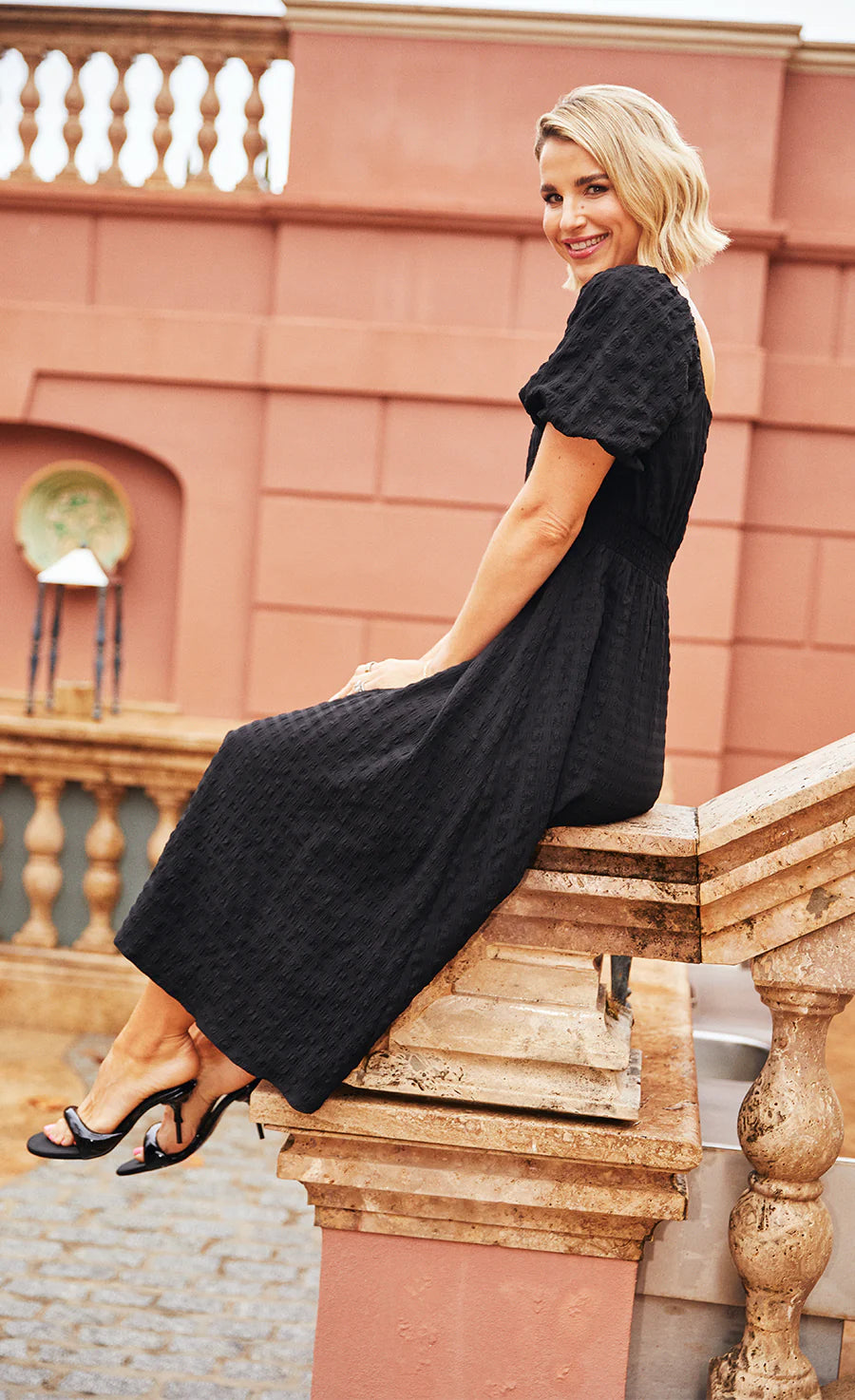 Clara Textured Puff Sleeve Midaxi Dress for Women - Elegant Black Flowy Midi Dress for Parties, Weddings & Date Nights