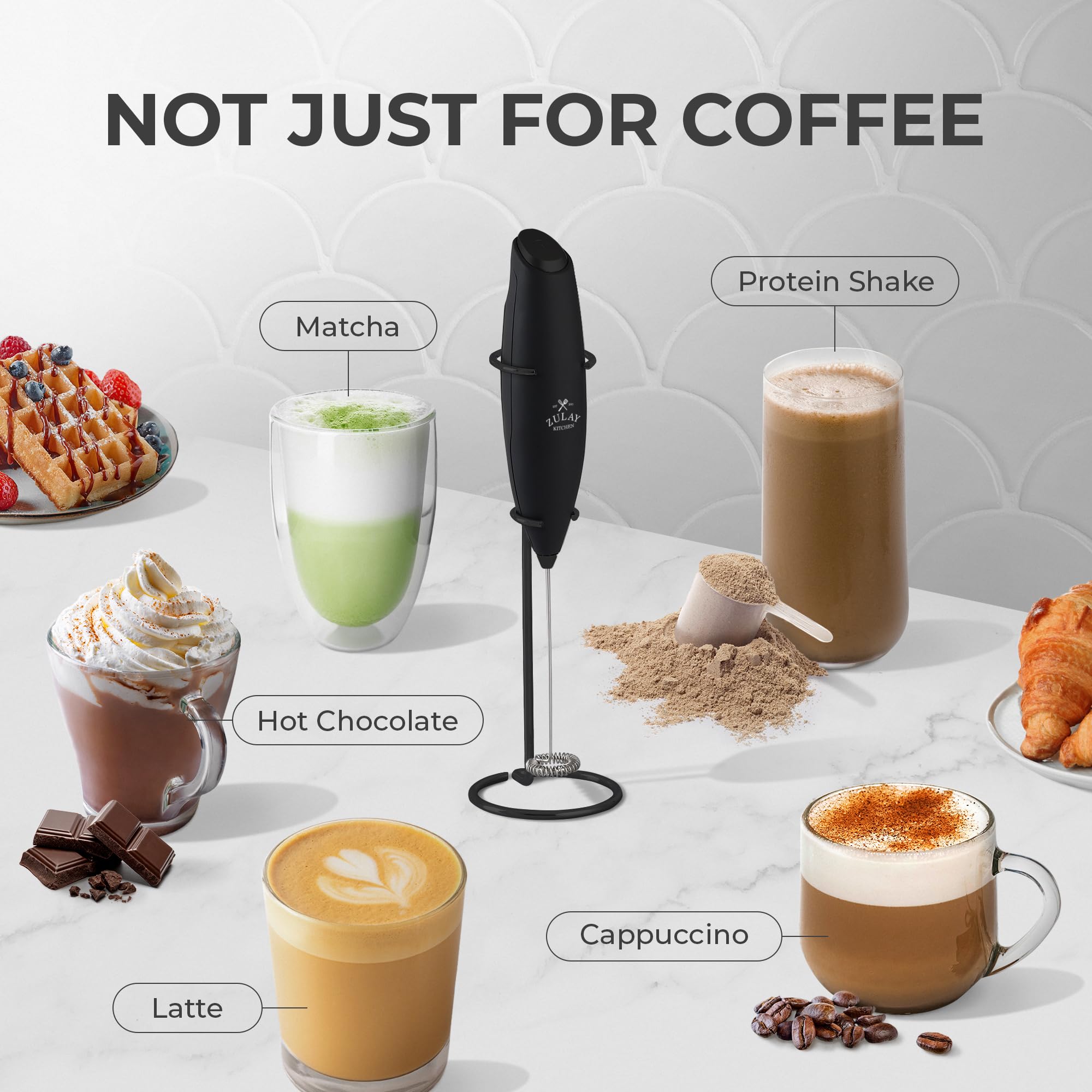 Zulay Powerful Milk Frother Handheld Electric Whisk - 4 Duracell Batteries Included - Coffee Frother for Cappuccino, Latte, Matcha, Hot Chocolate & Creamer - Mini Drink Mixer for Home, Office & Travel - Black with Stand