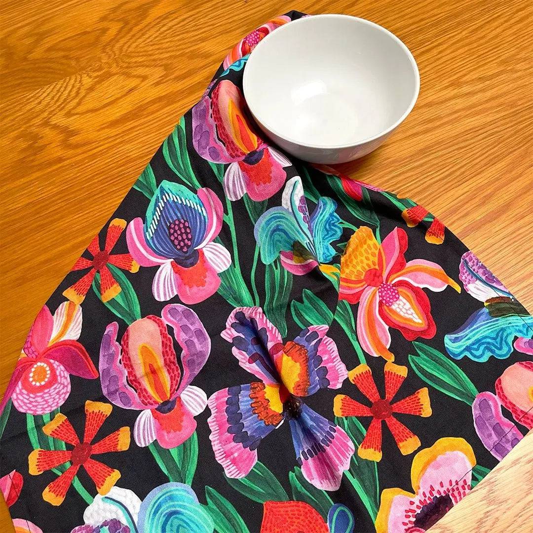 Irises & Pansies Tea Towel and Wooden Fridge Magnet Gift Set - Floral Kitchen Decor for Home, Housewarming, and Hostess Gifts