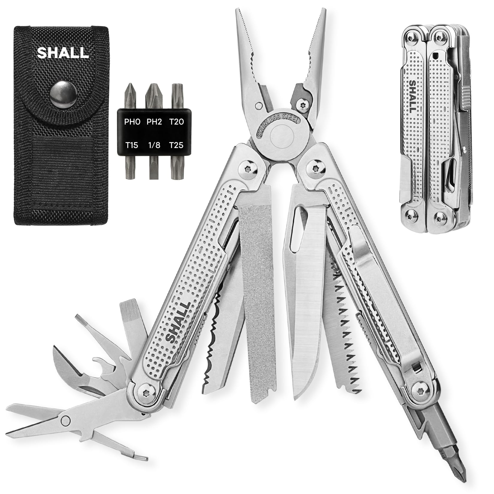 18-in-1 SHALL Multi Tool Pliers - Stainless Steel Multitool Pocket Knife with Screwdriver Bits & Self-Locking Mechanism - Compact Survival Tool with Sheath for Camping, Fishing, Hunting, Hiking & Outdoor Adventures