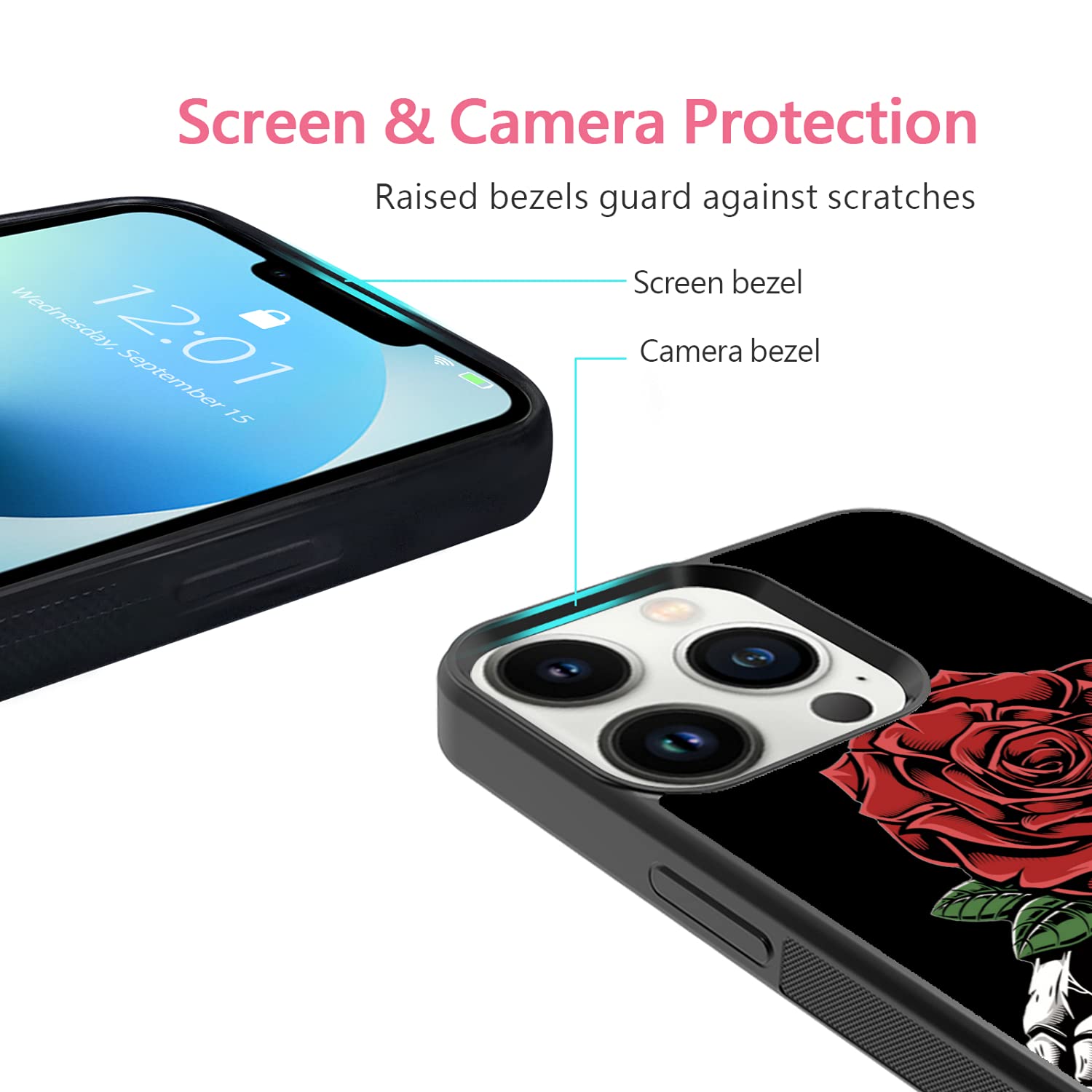 FANXI Rose Skeleton Shockproof Phone Case for iPhone 13 Pro (6.1 Inch) - Cute Protective Cover for Men, Women & Kids - Perfect for Everyday Use, Gift Giving & Fashion Accessories