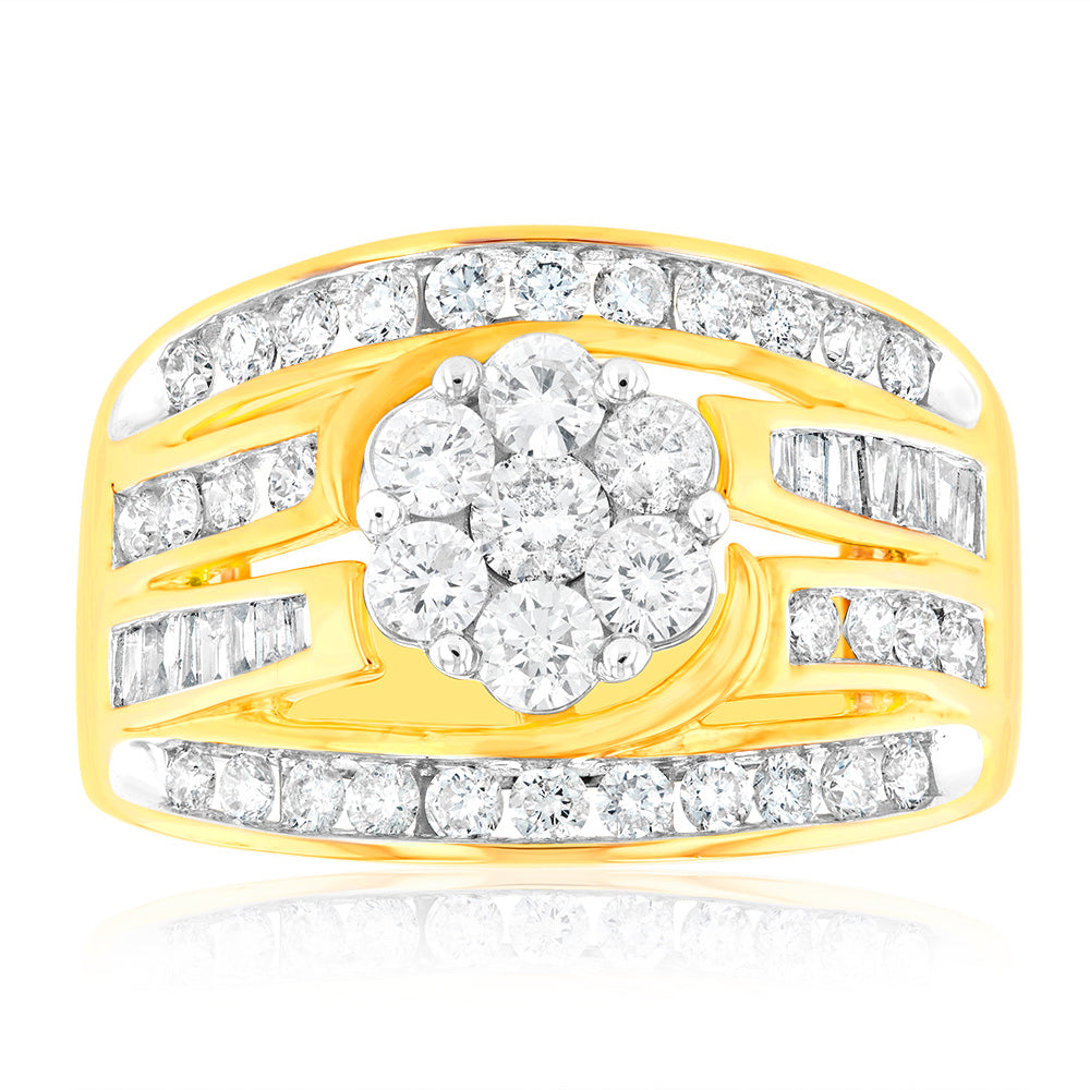 9ct Yellow Gold 2 Carat Diamond Ring with Brilliant & Tapered Cut Diamonds - Elegant Engagement, Wedding & Anniversary Jewelry Gift for Women