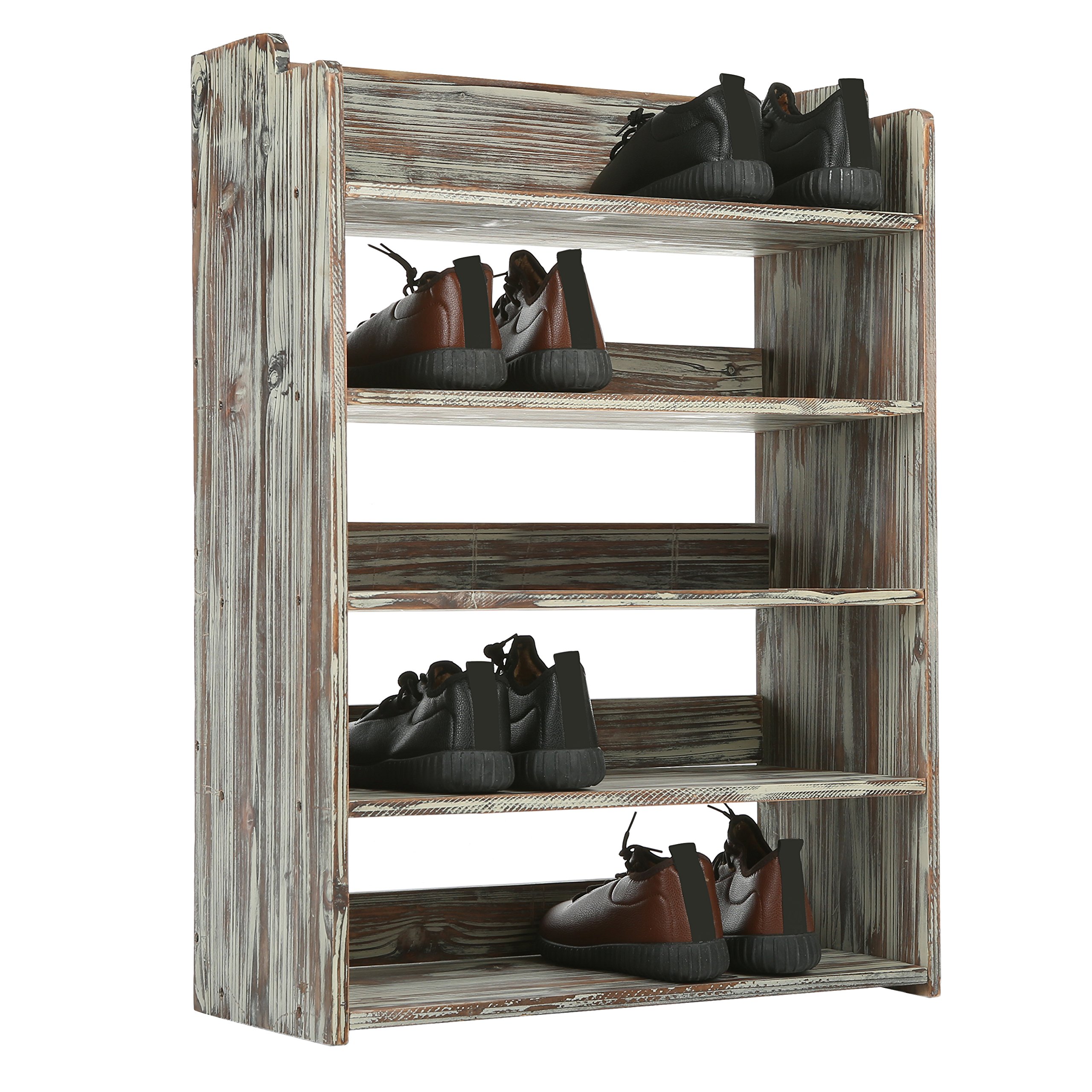 5-Tier Rustic Torched Wood Shoe Rack - Entryway Storage Shelf & Closet Organizer for Shoes, Bags & Home Decor - Perfect for Small Spaces & Apartment Living