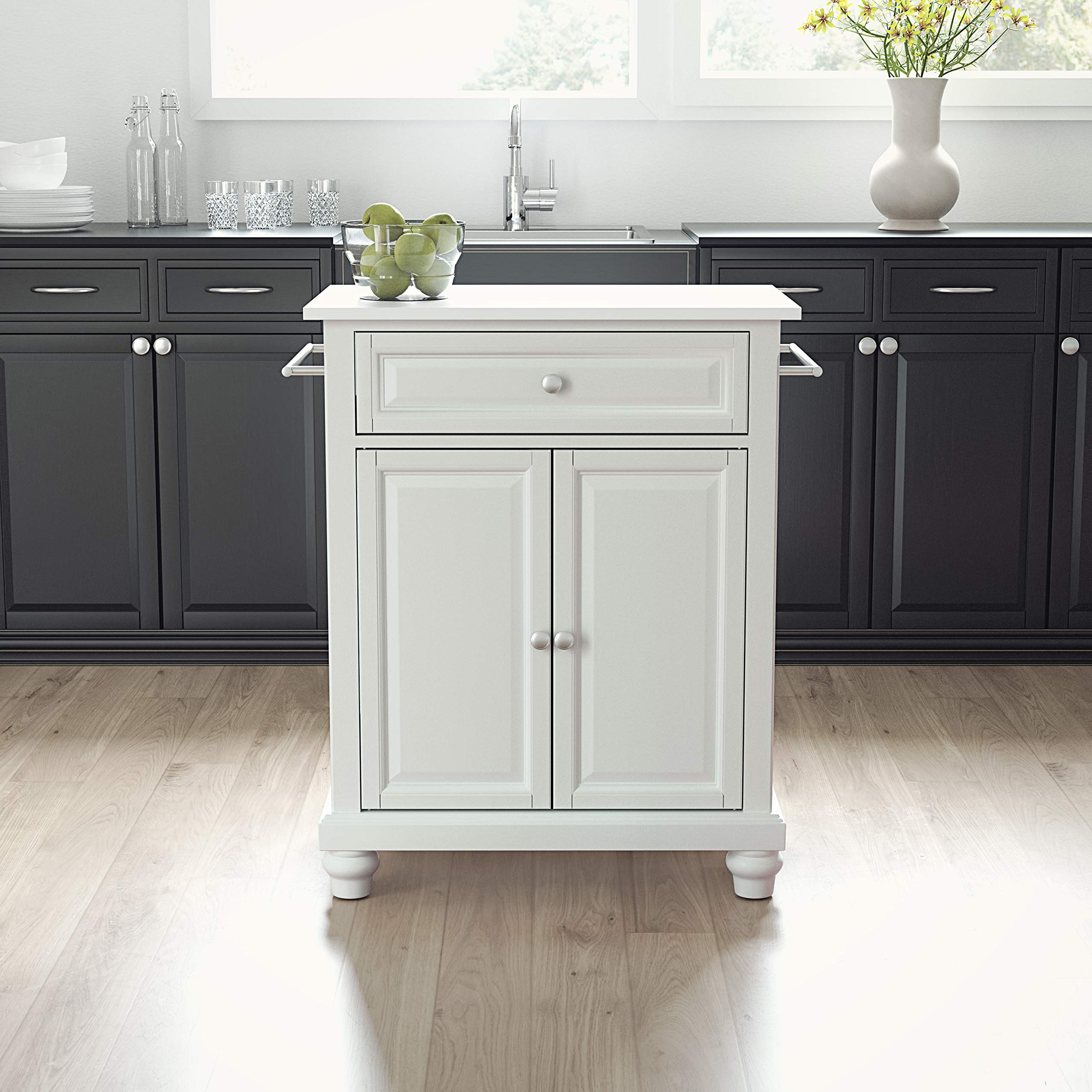 Crosley Cambridge White Rolling Kitchen Island Cart with Stone Top - Portable Microwave Stand, Storage Cart for Small Spaces - Perfect for Apartments, Dorms & Compact Kitchens
