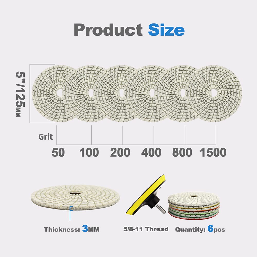 Wet Diamond Polishing Pads 6-Piece Set (5 Inch, #50-#1500 Grit) for Granite, Marble & Ceramic - Compatible with Grinders & Polishers - Includes Plastic Backing Pad & 5/8-11 Thread Adapter - Perfect for Stone Countertop Refinishing & Tile Restoration