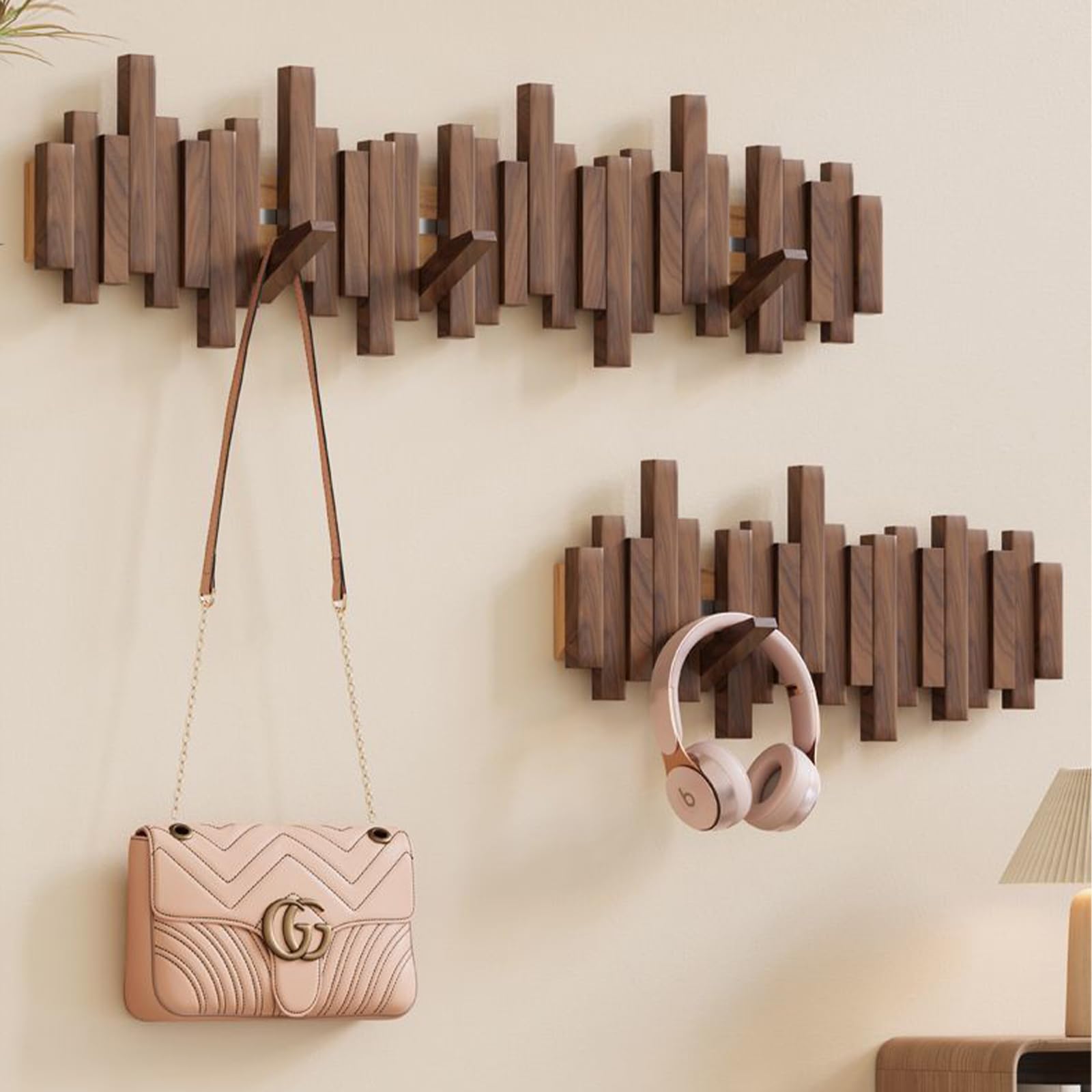 Walnut Wall Mount Coat Rack with 12 Hooks - Space Saving for Entryway & Bedroom