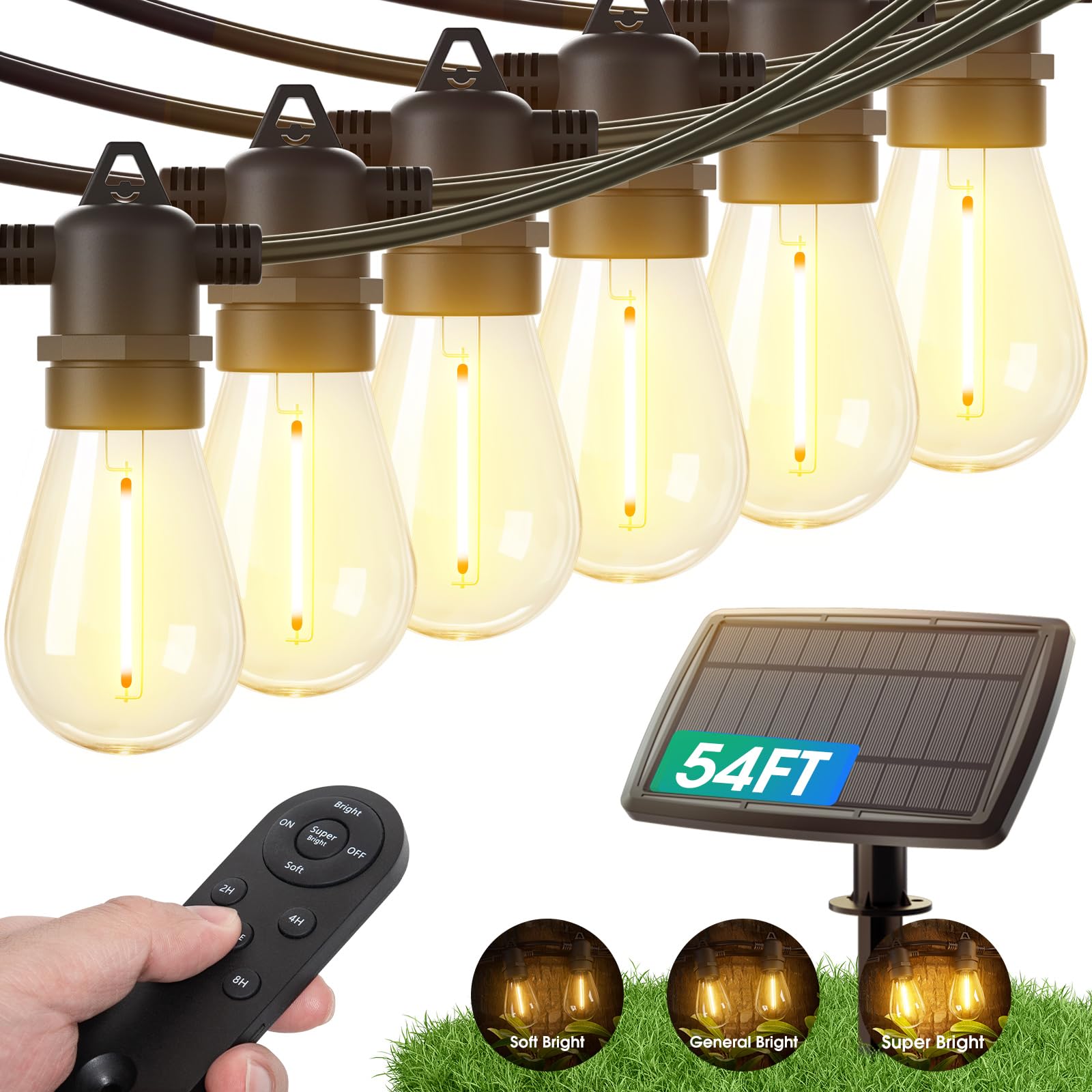 54FT Solar String Lights Outdoor with USB Port & Remote Control - Waterproof LED Solar Powered Patio Lights with Vintage Edison Bulbs for Porch, Deck, Backyard, Garden & Wedding Decor - Heavy-Duty Weatherproof Design