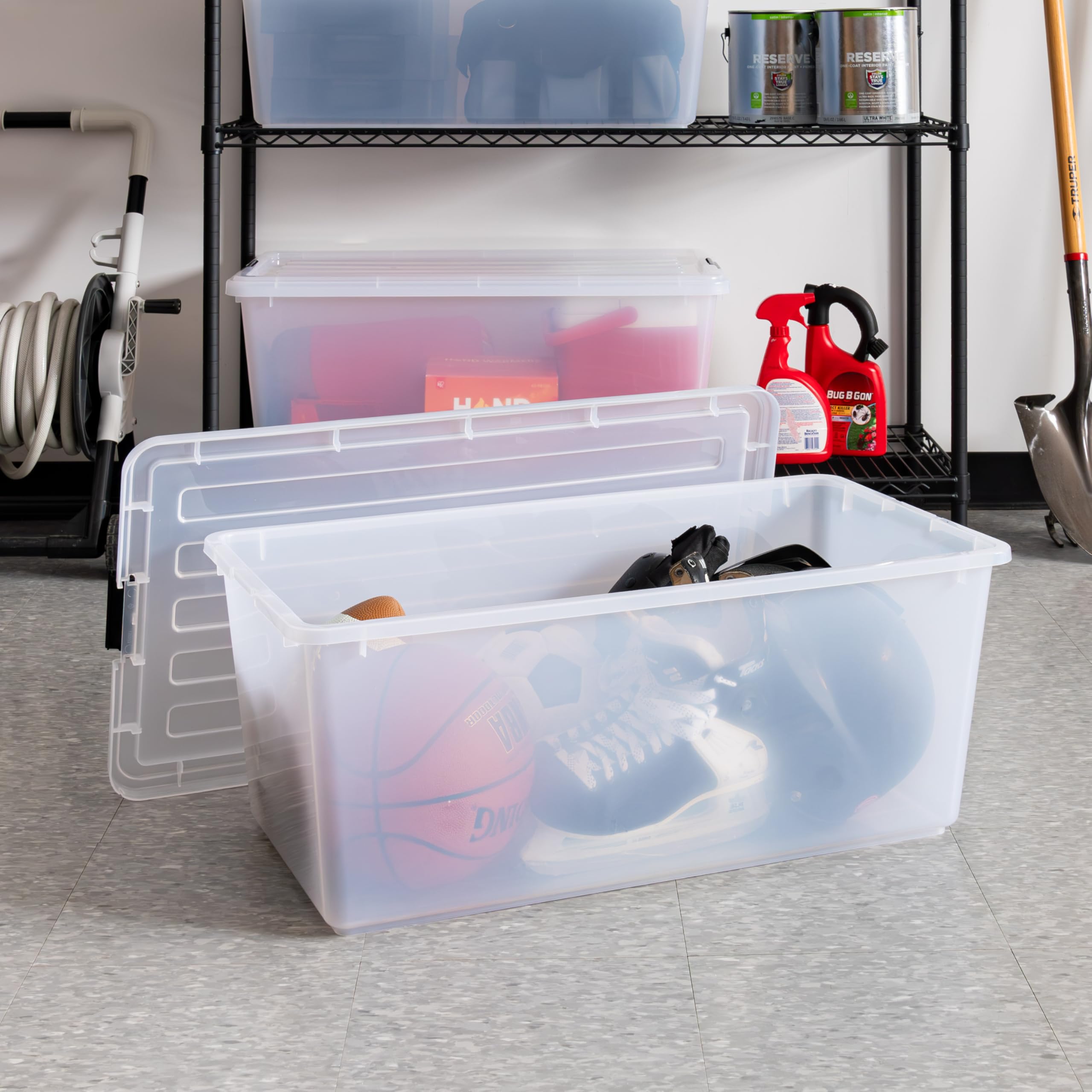 IRIS USA 91 Qt Stackable Plastic Storage Bins with Lids, 4 Pack - BPA-Free Clear Storage Containers for Home Organization, Pantry, Garage & Closet - Durable See-Through Bins with Secure Latches & Pull Handles - Made in USA