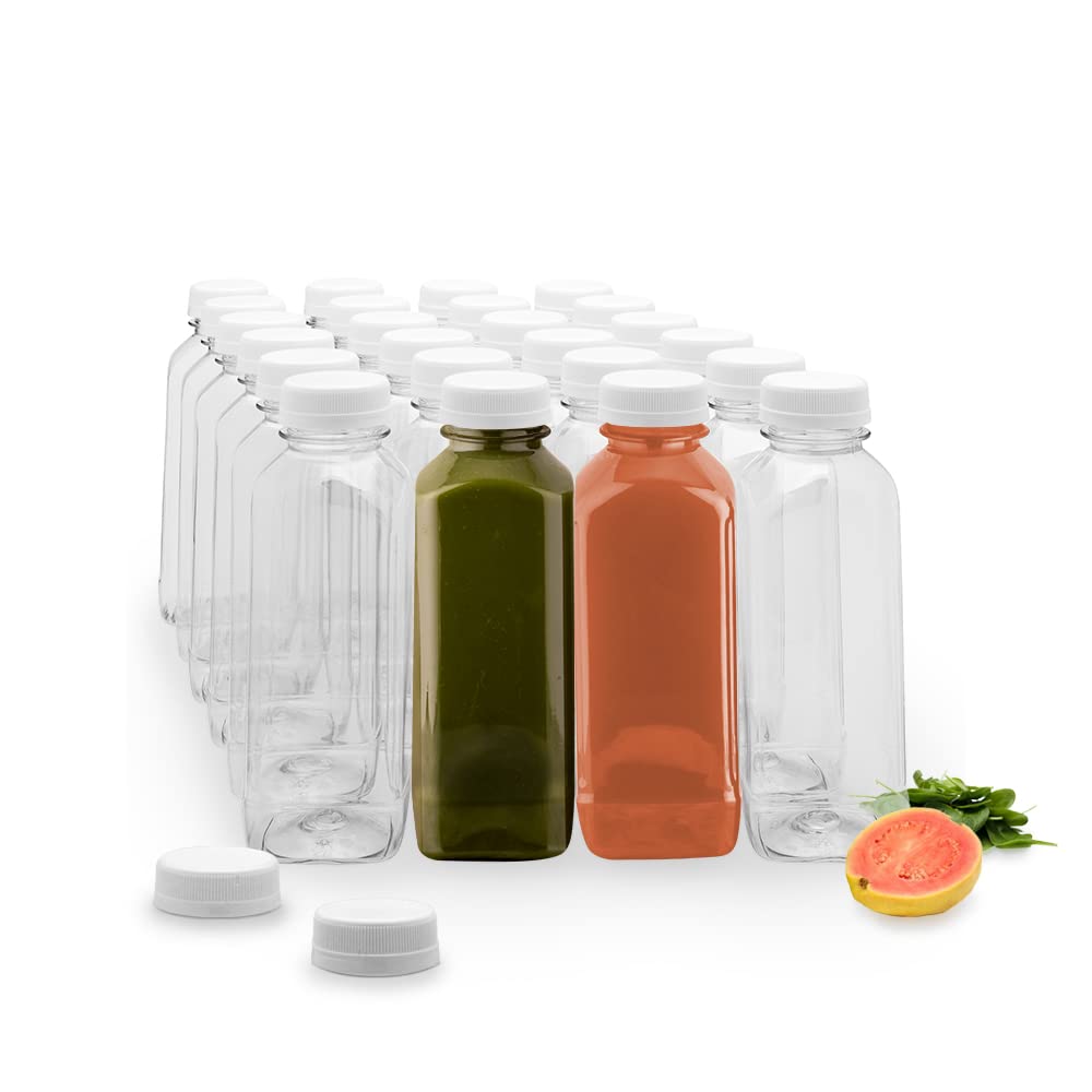 16oz Square Plastic Juice Bottles - 100 Pack Clear PET Cold Pressed Juice Bottles with Tamper Evident Cap | Disposable Drink Containers for Juice Bars, Coffee Shops, Catering & Events | Perfect for Fresh Juices, Smoothies & Beverage Storage