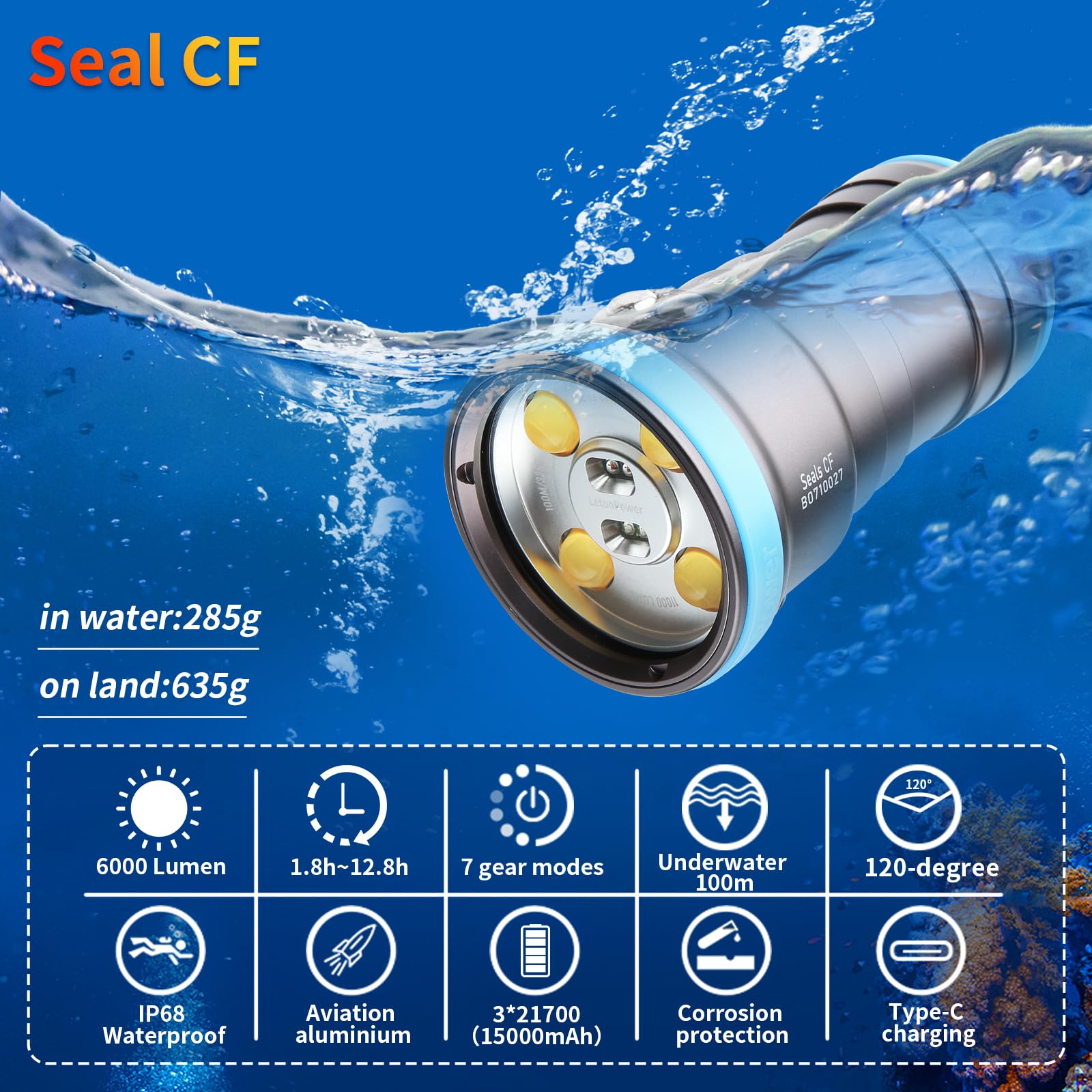 Professional 6000 Lumen Scuba Diving Light - 100m Waterproof Underwater Flashlight for Photography & Video, 96 CRI 120° Wide Beam - Perfect for Night Diving, Cave Exploration & Marine Life Observation
