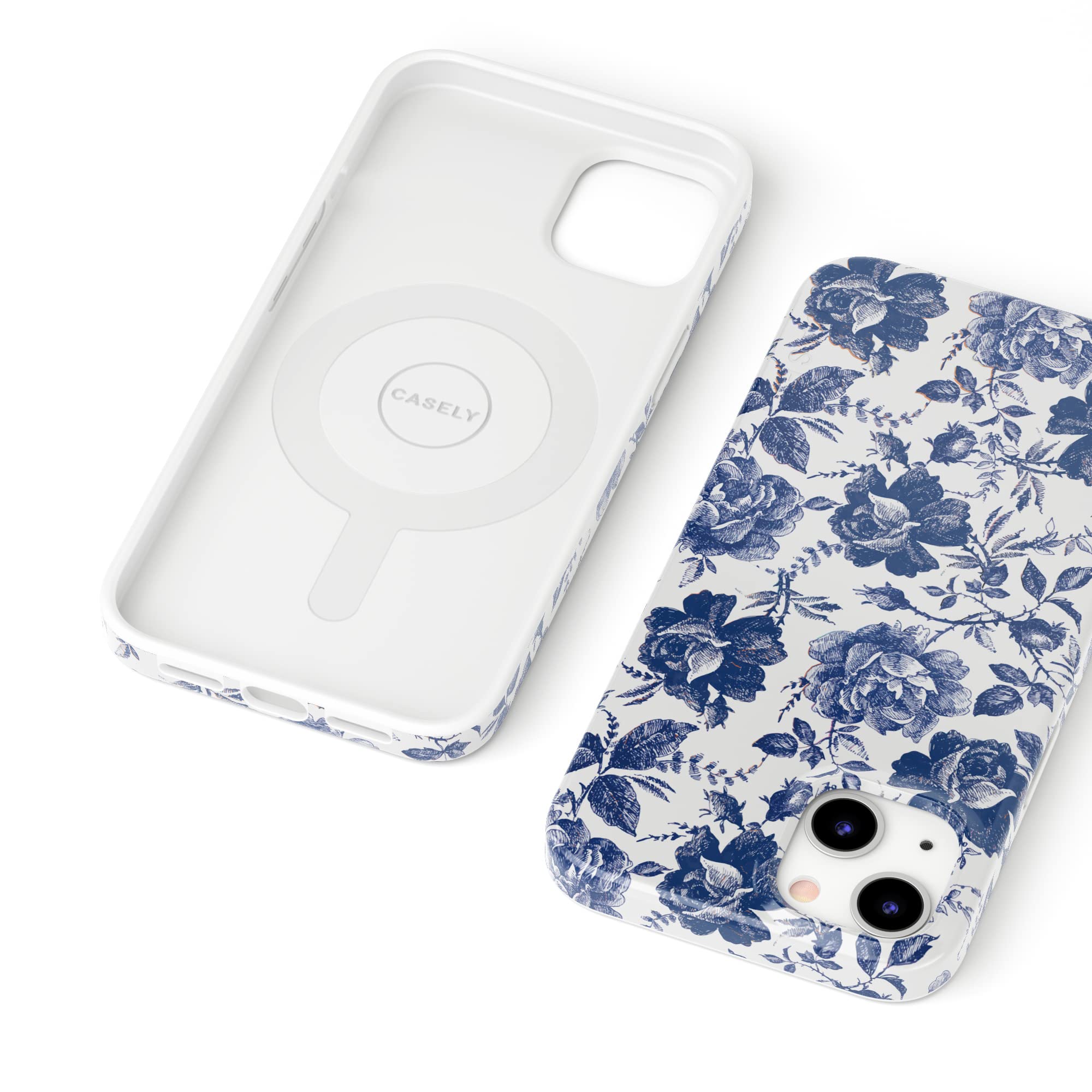 Casely iPhone 13 Case with Floral Design | MagSafe Compatible | Rose to Fame Coquette Style | Blue & White Rose Pattern | Perfect for Everyday Use & Gift Giving
