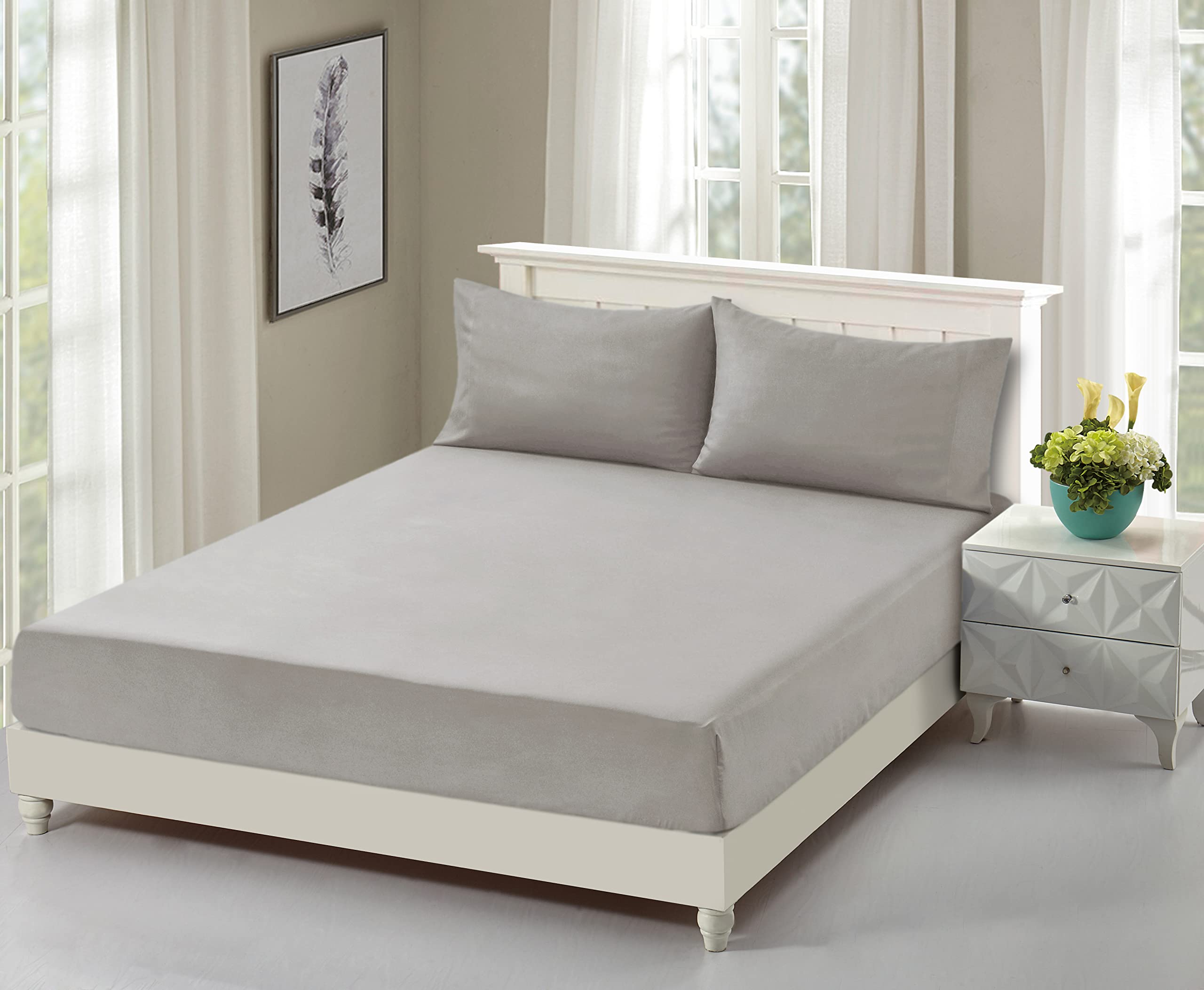 ENDLESS WARMTH Brushed Super Soft Microfiber Deep Pocket Fitted Sheet - Elastic All Around, Easy Care & Durable Mattress Protector (Light Grey, Twin Size) | Perfect for Winter Bedding, Guest Rooms & Cozy Home Decor