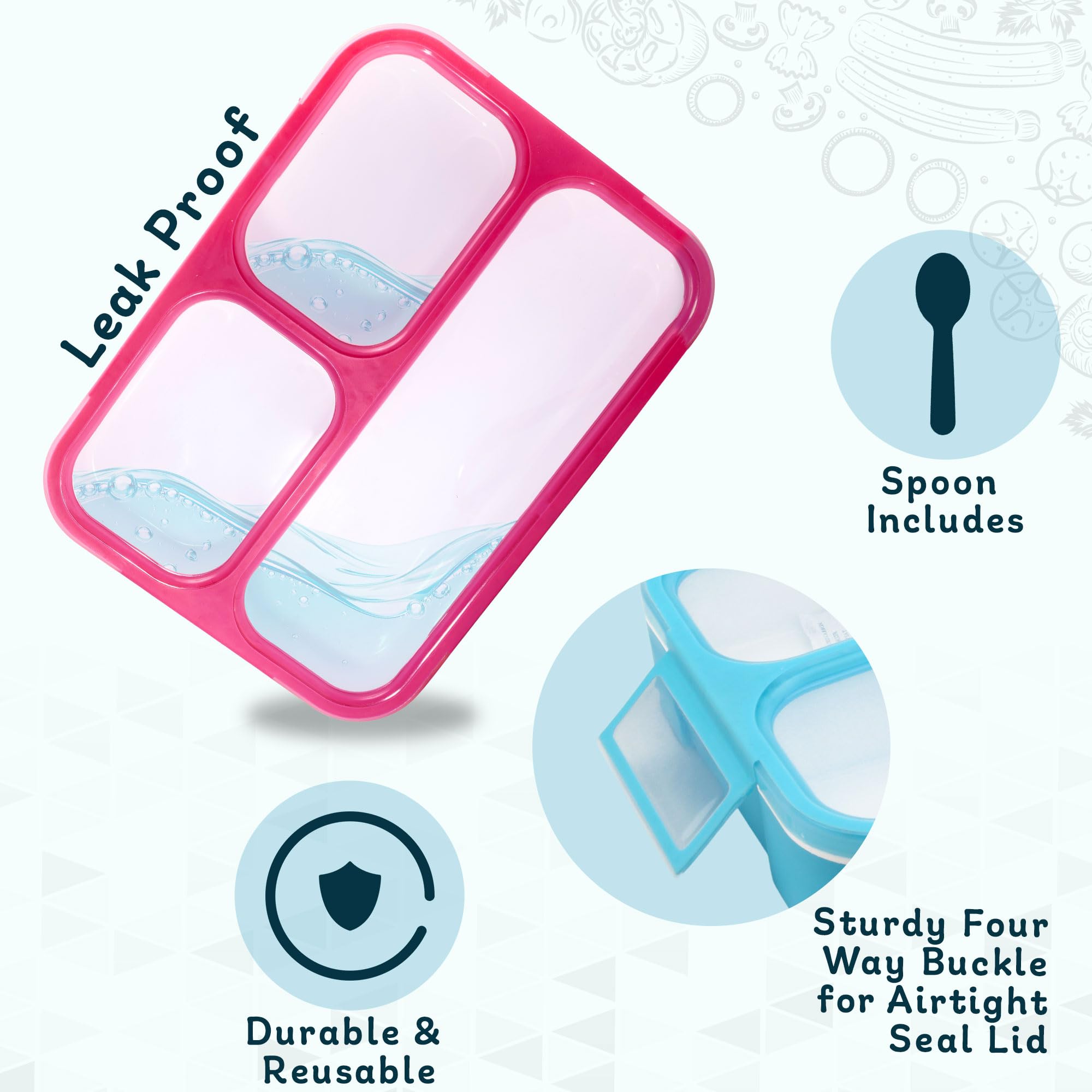 2-Pack Leak Proof Bento Lunch Box with Spoon - 3 Compartment Meal Prep Container for Adults, Portion Control Snack Box for Salad, Fruits & Office Lunch - Ideal for Work, School & Picnics - Pink