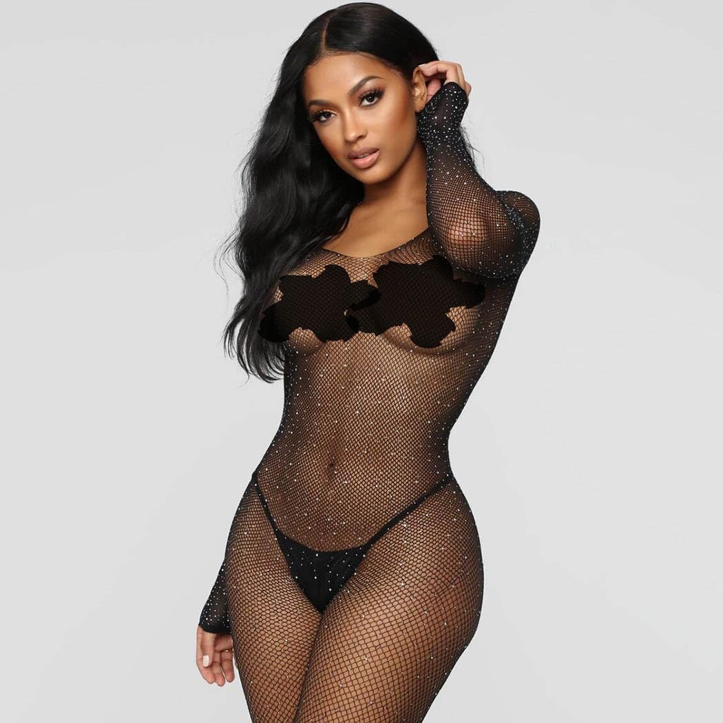 Sexy Rhinestone Fishnet Bodysuit for Women - Sparkling Spider Mesh One Piece Body Stocking | Perfect for Nightclub, Halloween & Boudoir Photography