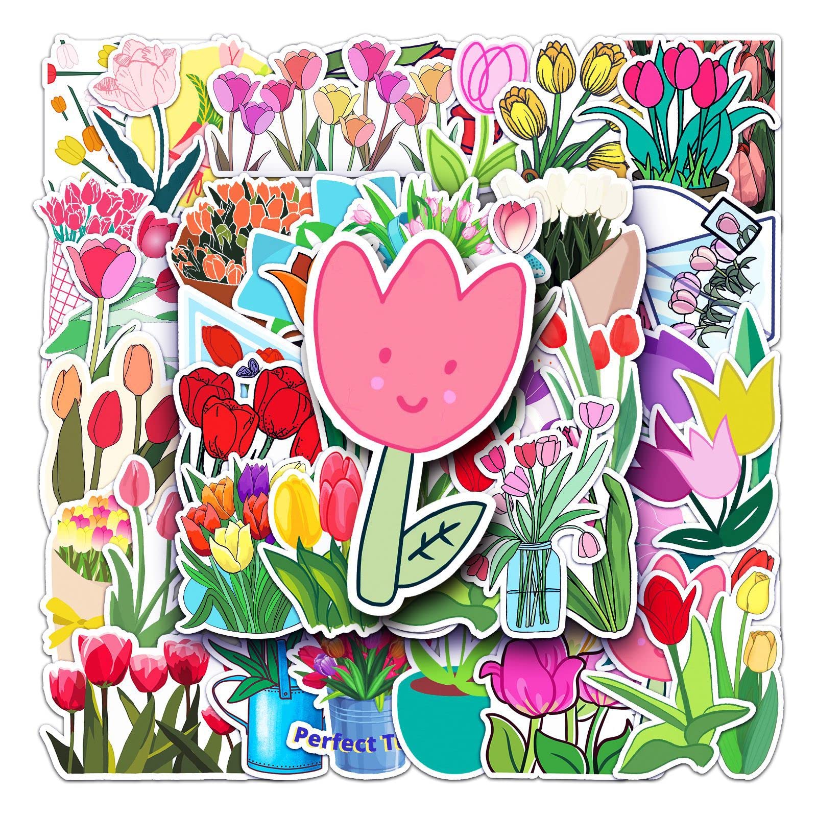 50PCS Waterproof Tulip Flower Stickers - Cute Vinyl Decals for Laptop, Water Bottle, Bike, Car, Skateboard, Luggage, Guitar - Trendy DIY Scrapbooking Stickers for Teens, Girls & Kids - Perfect for School, Home Decor & Personalization