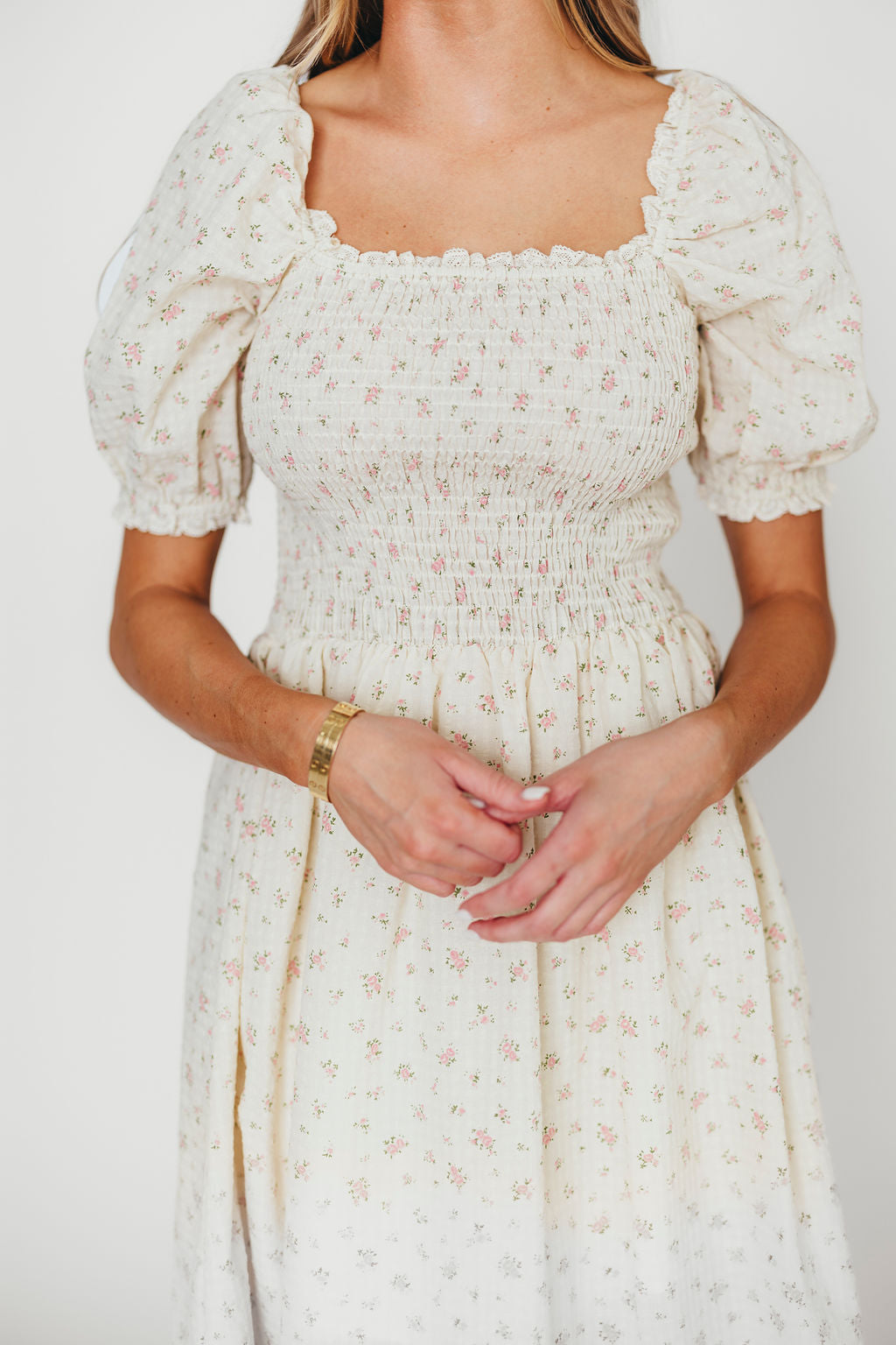 Kinsley Ditsy Floral Smocked Midi Dress - Women's Pink Floral Summer Dress with Elastic Waist, Perfect for Beach Vacations, Garden Parties & Date Nights