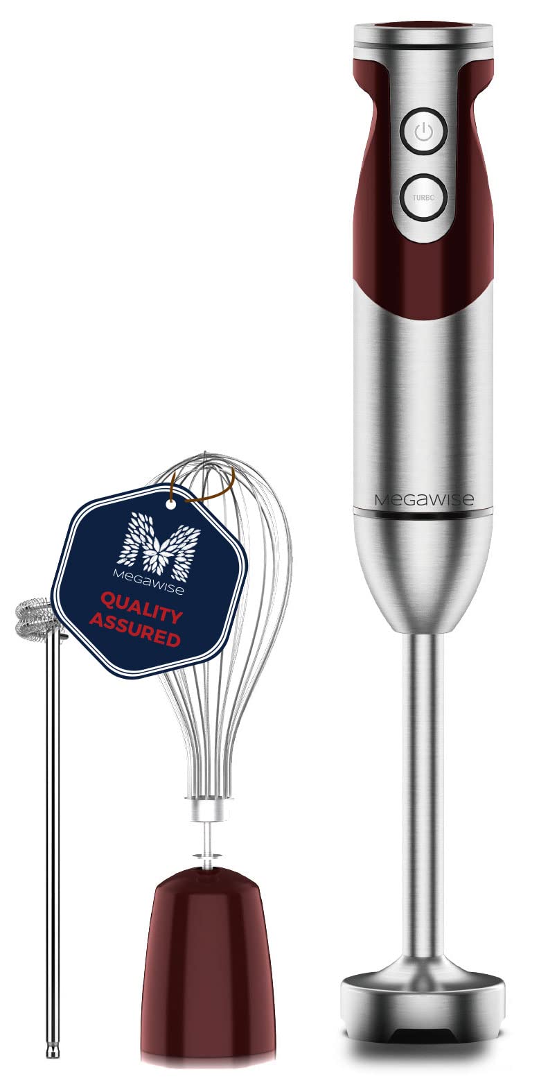 MegaWise Pro 1000W Titanium Immersion Hand Blender - 3-in-1 Corded Stick Blender with Whisk & Milk Frother, 12 Speed Settings & Ultra Sharp Blades for Smoothies, Soups, Sauces & Baking - Durable Red Kitchen Appliance for Home Cooking & Professional Use