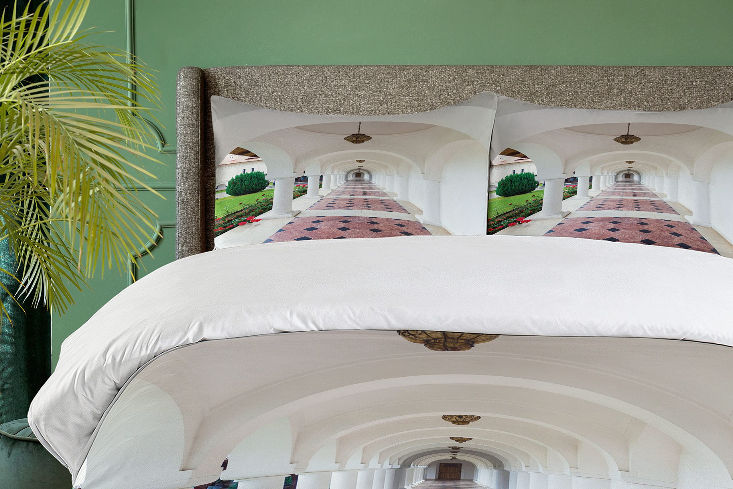 Ambesonne Travel Duvet Cover Set - 3 Piece Bedding with 2 Pillow Shams | California King Size | White & Green Romanesque Arch Design Inspired by Transylvania's Sambata de Sus Monastery | Perfect for Guest Rooms, Vacation Homes & Bohemian Bedroom Decor
