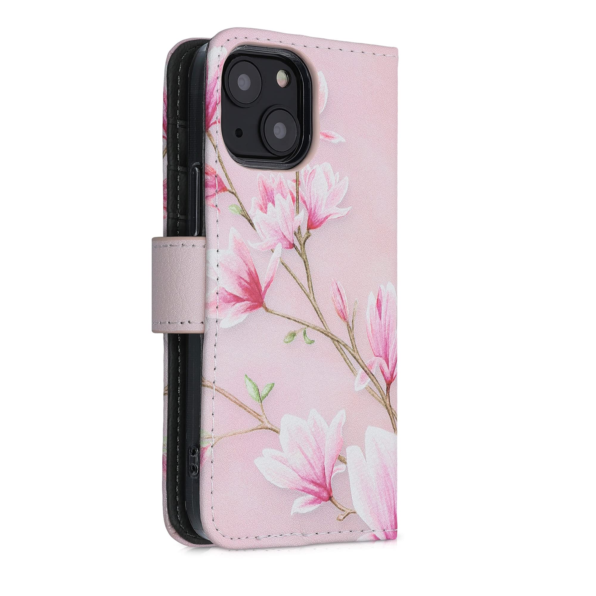 kwmobile Wallet Case for Apple iPhone 13 Mini - Slim Floral Design with Card Slots (Magnolias Pink/White/Dusty Pink) | Perfect for Hands-Free Shopping & Daily Commute