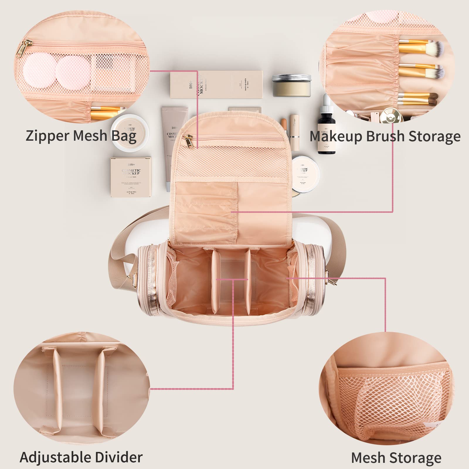 Ethereal Large Waterproof Makeup Bag for Women - Rose Gold Travel Cosmetic Bag with Adjustable Shoulder Strap, Spacious Toiletry Organizer | Perfect for Travel, Gym, Weekend Getaways & Daily Beauty Essentials Storage