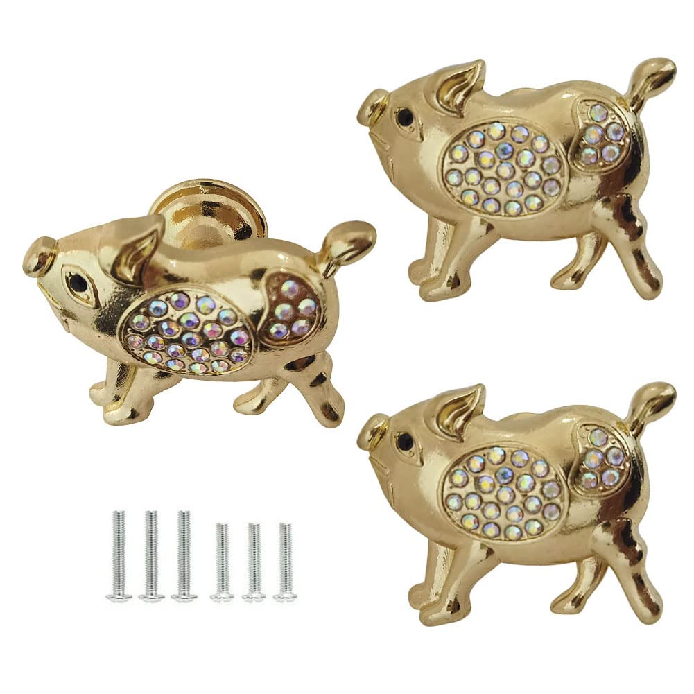 Brandname 3-Pack Cute Pig Knob Handles - Gold Cabinet Pulls for Wardrobes, Closets, Dressers, Bedside Tables & Kids Room Furniture - Decorative Animal-Shaped Drawer Handles for Kitchen, Bedroom & Nursery Decor