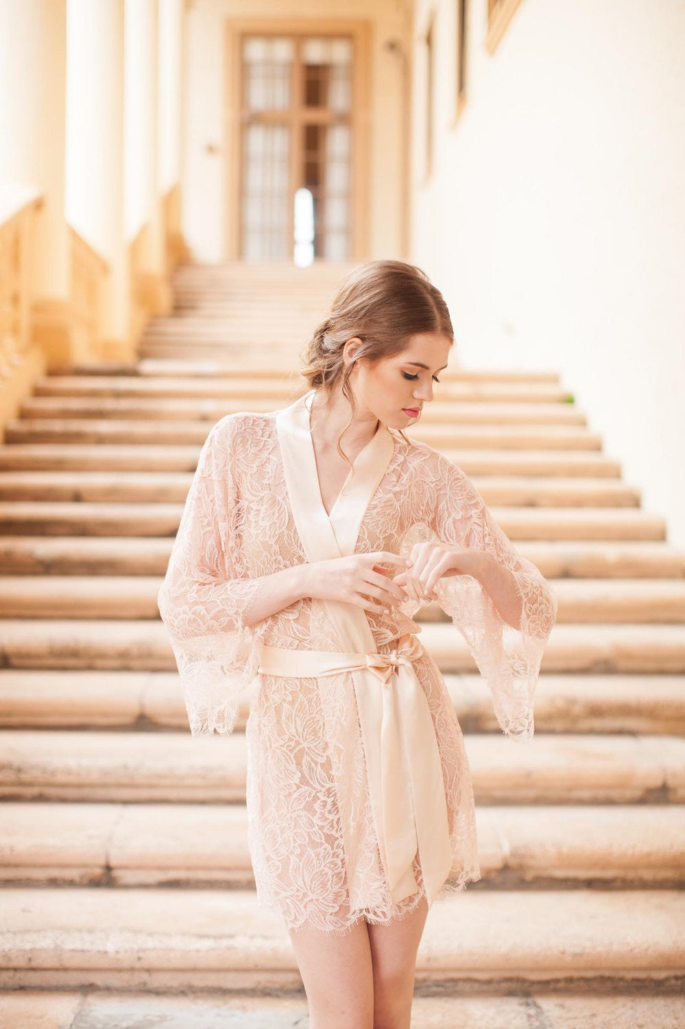 Blush Pink Tulip French Lace & Silk Kimono Robe - Elegant Loungewear for Bridal Shower, Honeymoon & Spa Days