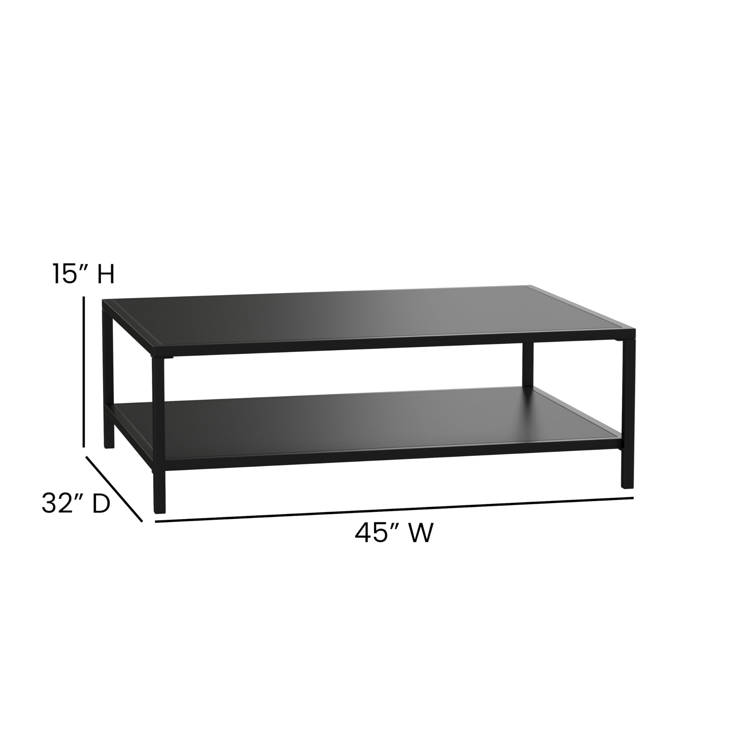 Black Steel Indoor/Outdoor Coffee Table with Lower Shelf - Modern Square Leg Frame for Living Room, Patio, Office or Restaurant - Durable Metal Side Table for Home & Commercial Use