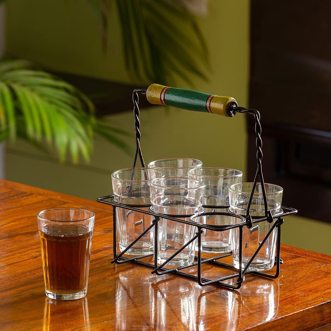 ExclusiveLane 'The Railway Nostalgia' Handpainted Tea Glasses with Iron Stand - Set of 6 (120ml) - Indian Style Cutting Chai Cups for Home, Office & Traditional Tea Ceremonies - Perfect for Chai Lovers & Gift Giving