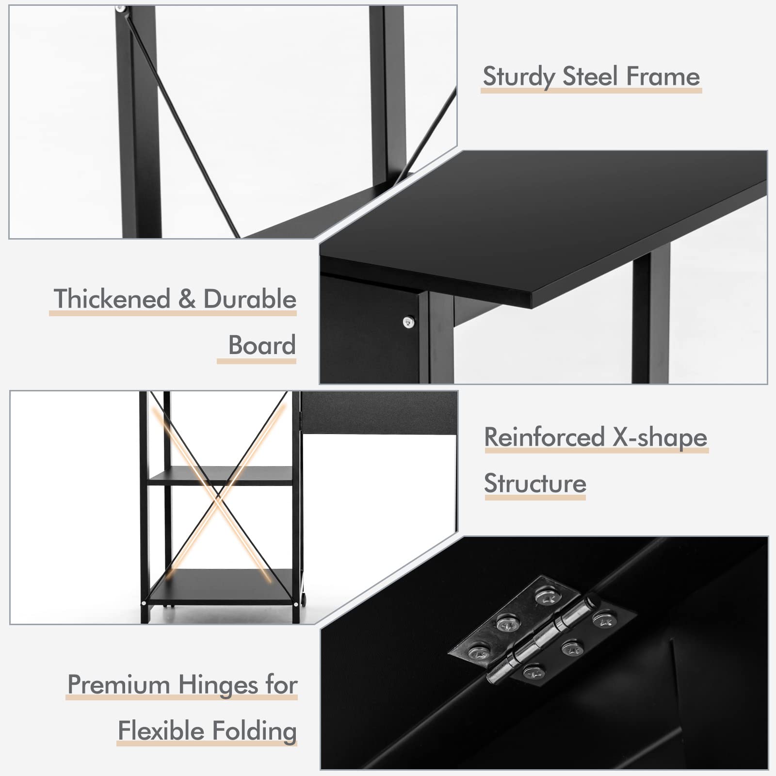 Tangkula Folding Computer Desk with 2-Tier Storage Shelves - Modern Mobile Laptop Workstation with 6 Wheels, Space Saving Home Office Desk for Small Spaces & Apartments (Black) - Perfect for Remote Work, Study & Compact Living Areas