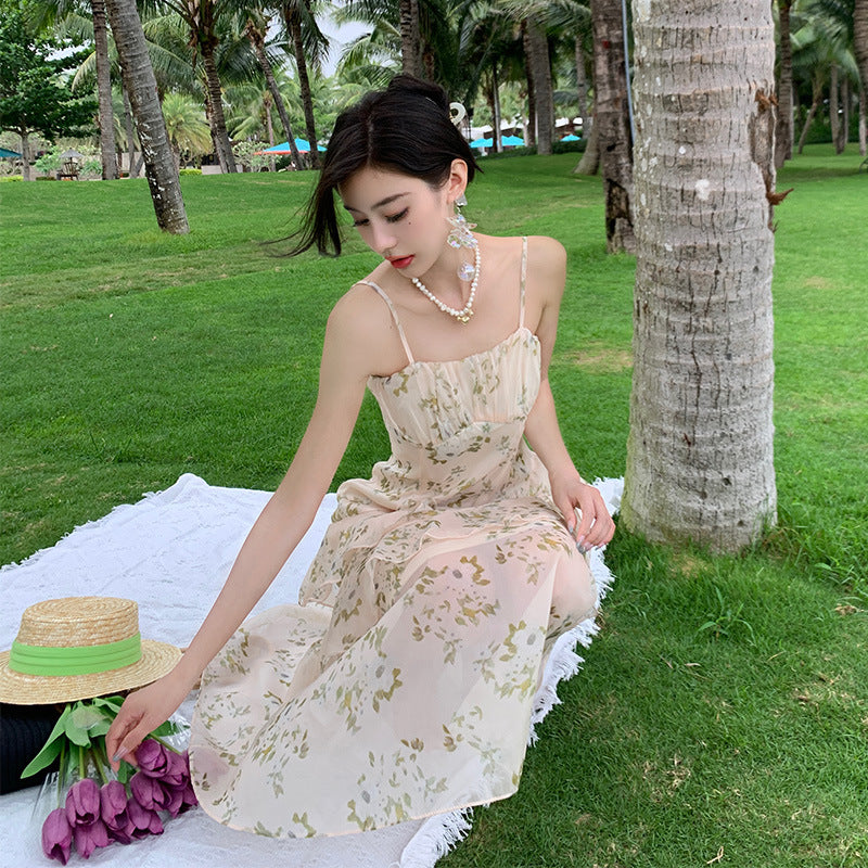 French Floral Spaghetti Strap Dress - Summer Retro Cake Dress for Women | Elegant Vintage Style Party & Wedding Guest Outfit