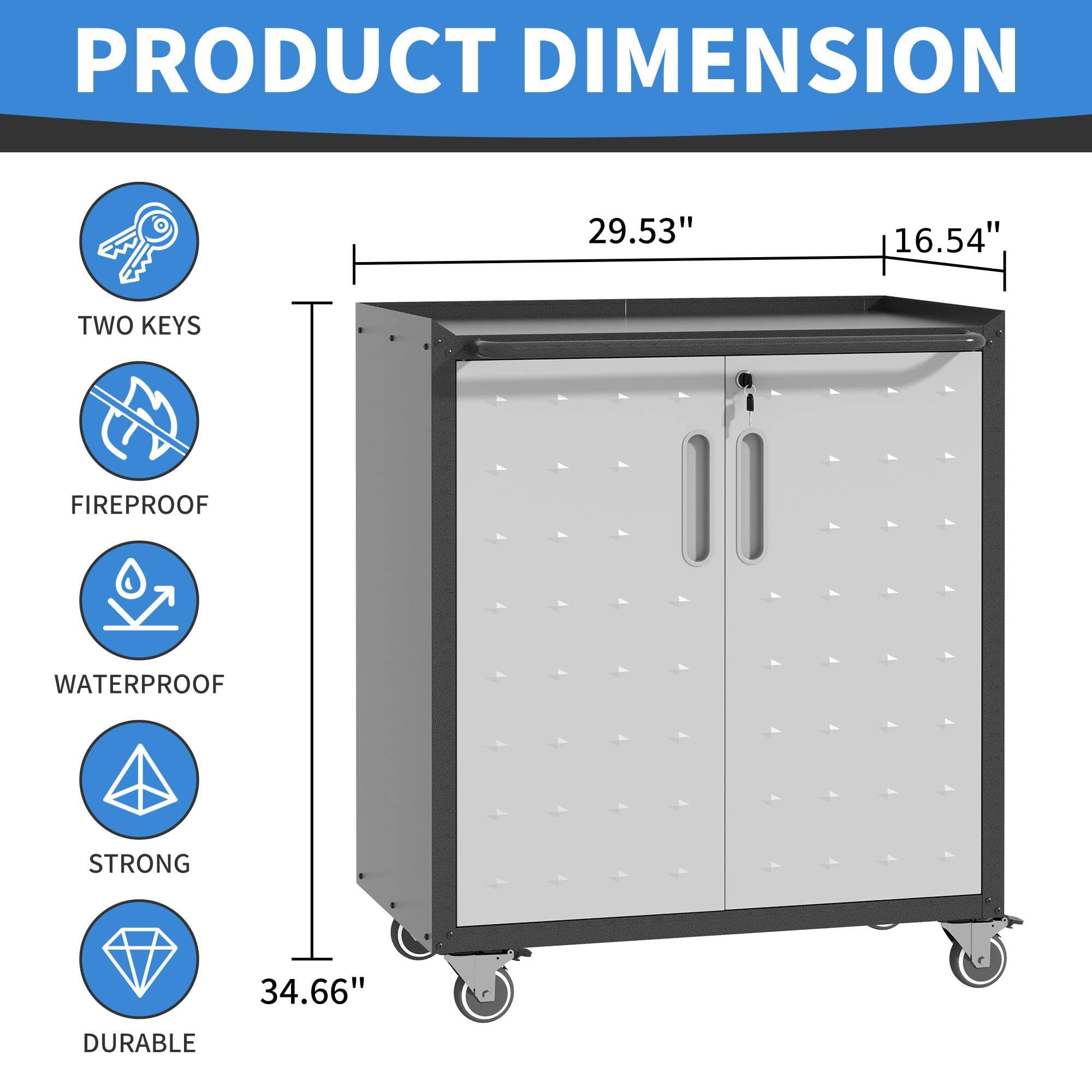 Heavy-Duty Metal Storage Cabinet with Wheels - Rolling Tool Cabinet with Lockable Doors & Adjustable Shelves for Garage, Workshop, or Office Organization - Easy Assembly (Black & Grey)