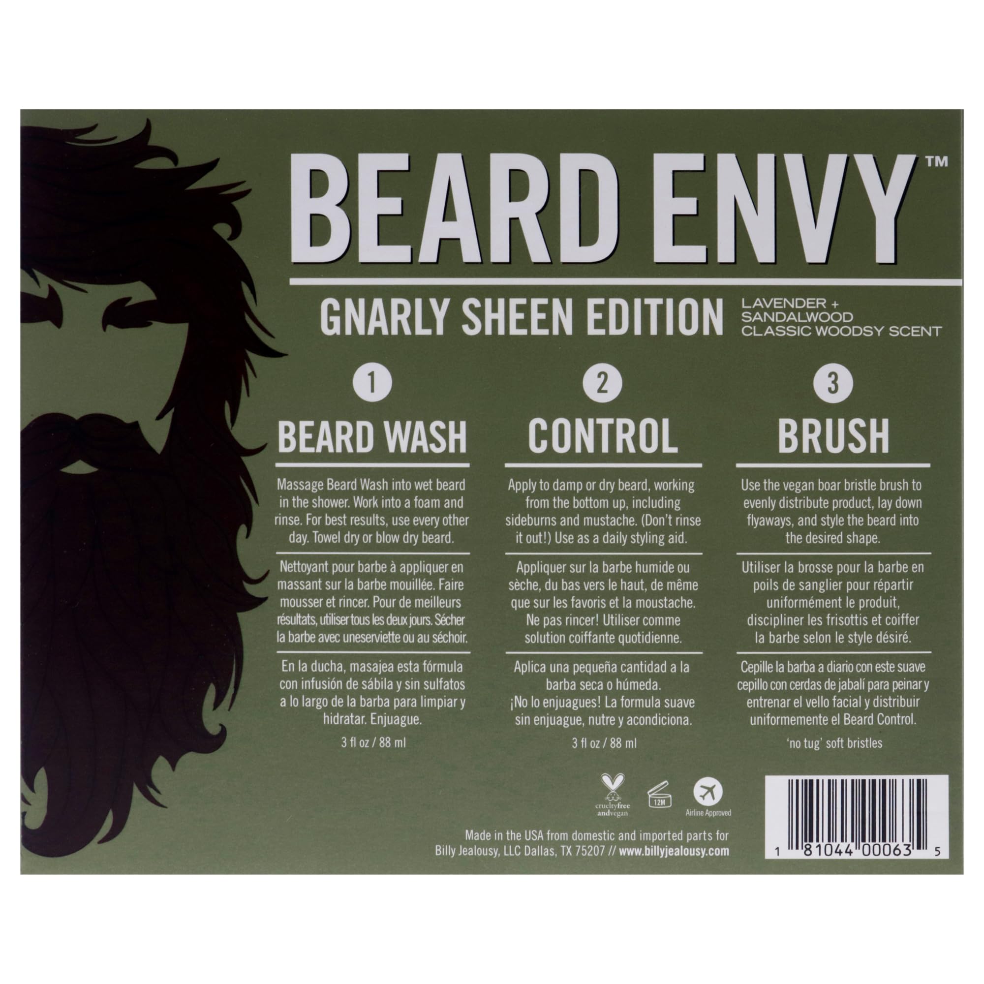 Billy Jealousy Beard Envy Facial Hair Refining Kit - Beard Wash & Boar Bristle Brush for Clean, Hydrated, Soft & Tamed Beard - Perfect for Daily Grooming & Styling at Home or Work