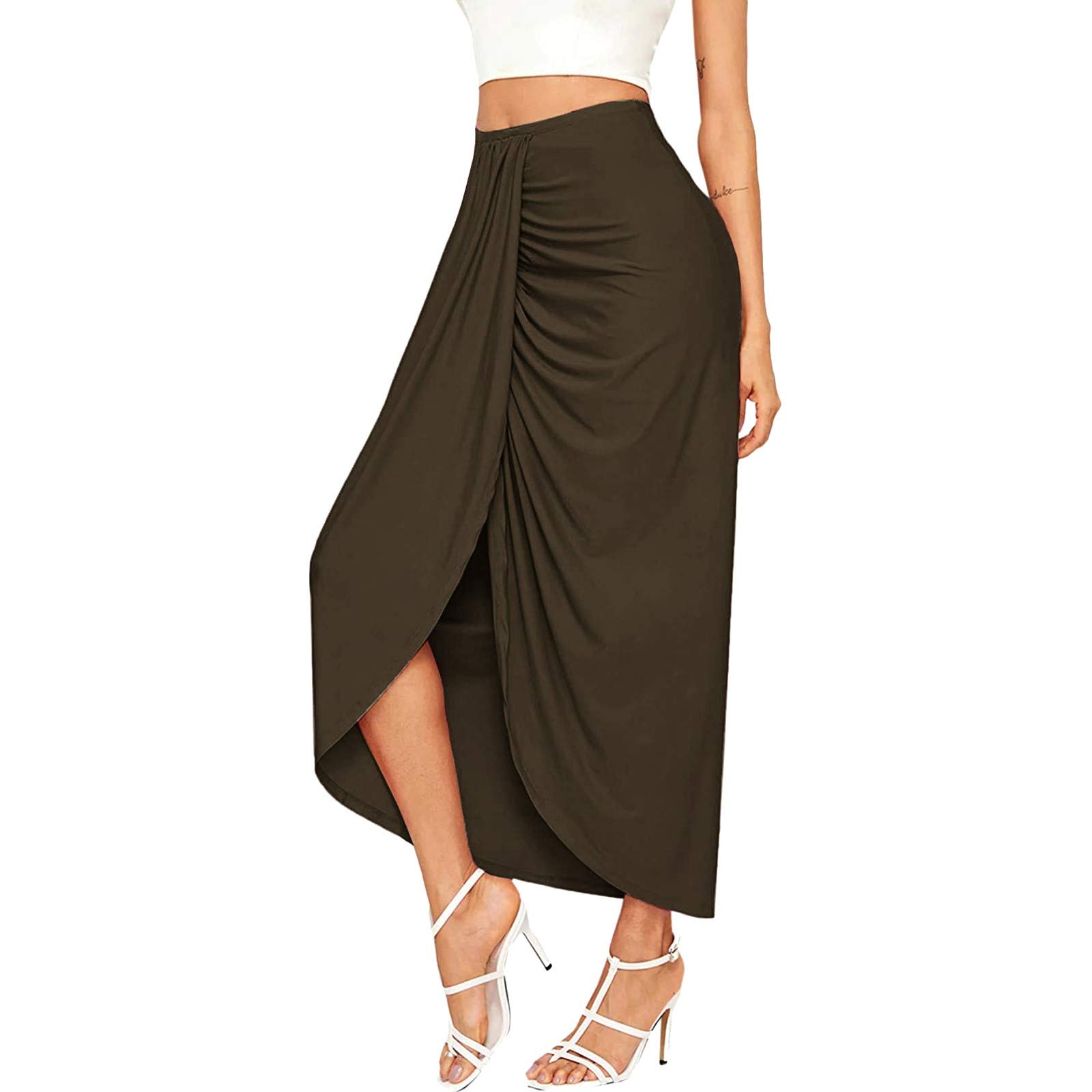 Women's Maxi Skirt - Draped Casual Wrap Waist Skirt with High Slit & Elastic Waistband, Asymmetrical Solid Coffee Color - Perfect for Summer Outfits, Beach Vacations and Boho Chic Style