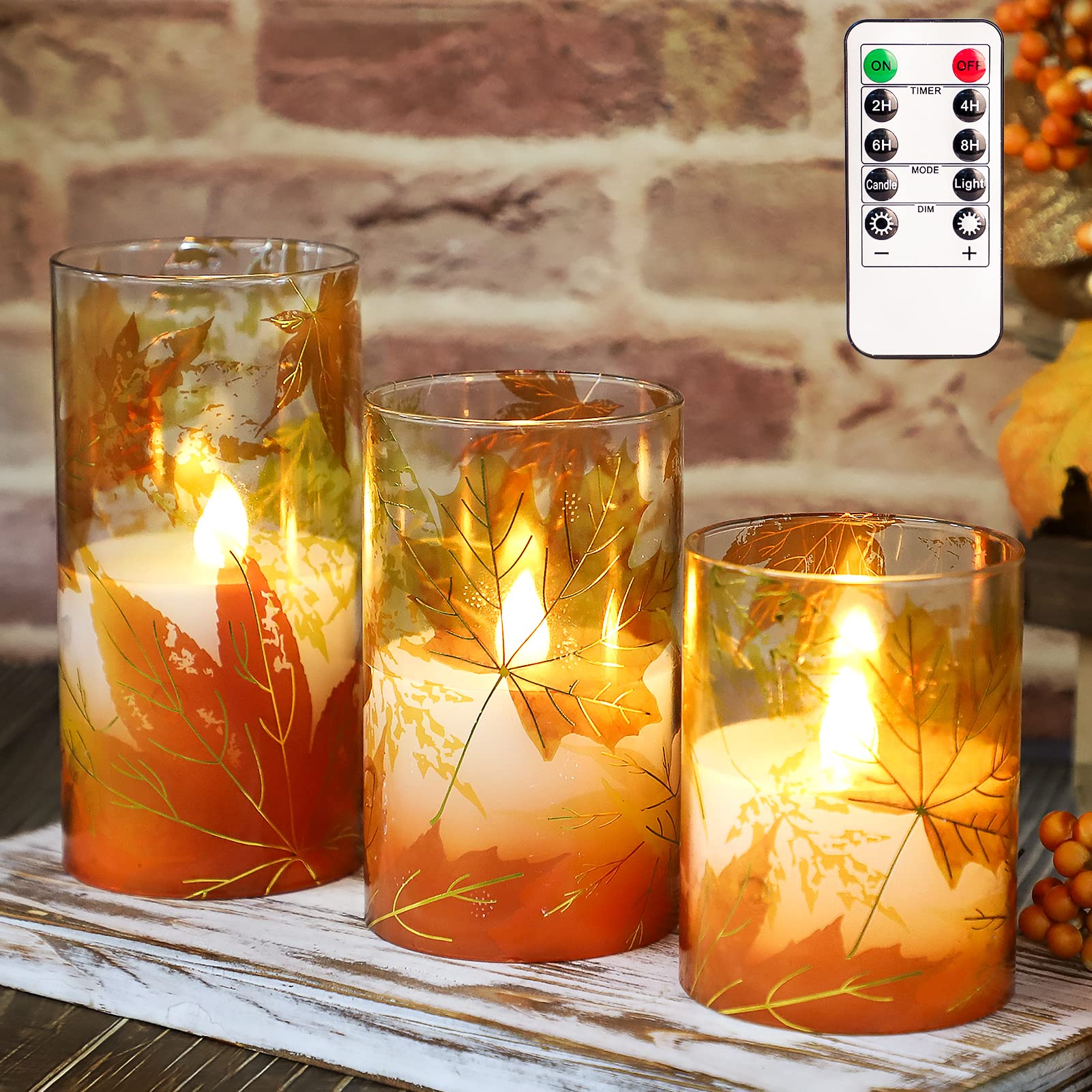 Realistic Flameless LED Candles with Remote & Timer - Battery Operated Maple Leaf Glass Pillar Candles for Fall Decor, Thanksgiving, Halloween - Perfect for Home, Dining Table, Fireplace & Seasonal Centerpieces