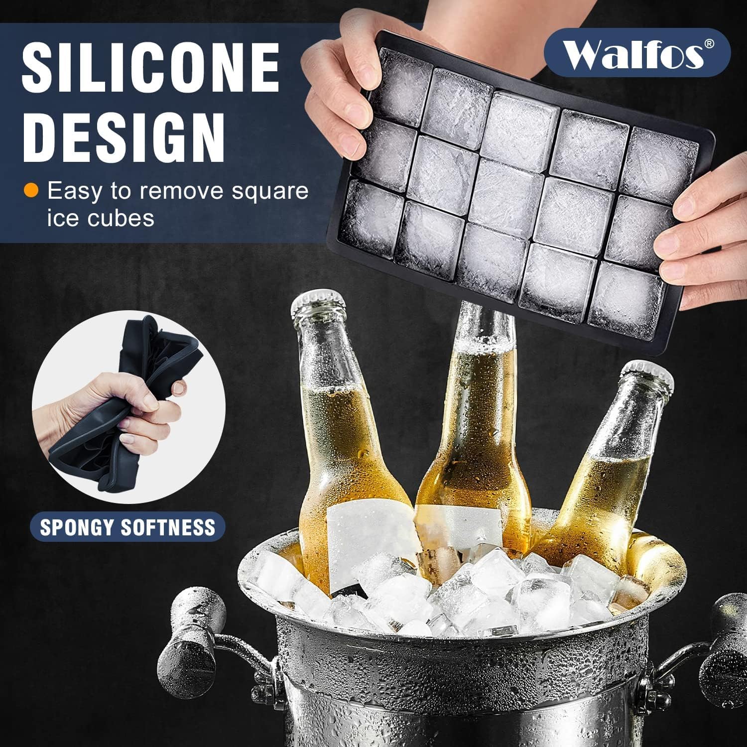 Walfos 3-Pack Silicone Ice Cube Tray Set with Storage Bin & Lid - Easy Release Square Ice Molds for Freezer - Perfect for Cocktails, Iced Coffee, Whiskey & Cold Drinks - Includes Ice Tongs for Home Bars & Parties