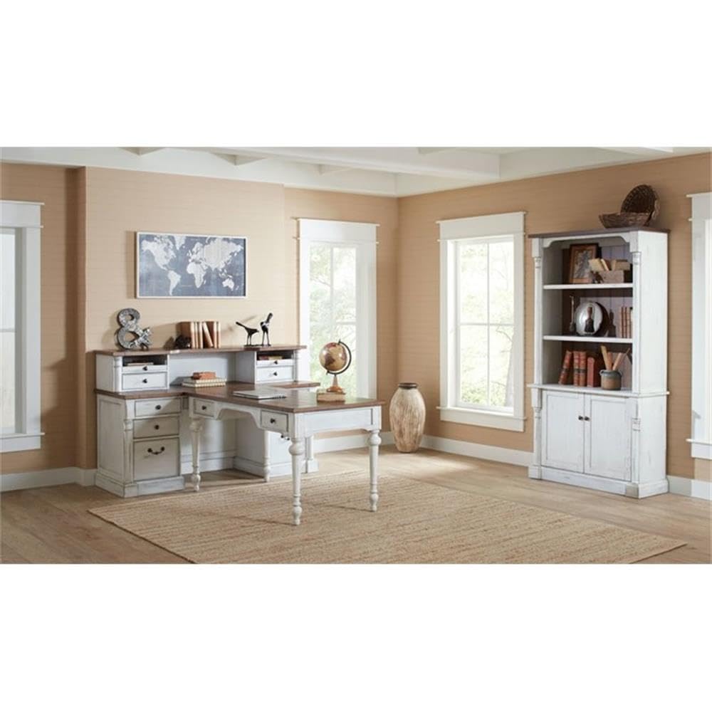 Home Square 2-Piece Computer Desk with Hutch Set in Weathered White - Perfect for Home Office, Study Room & Small Spaces