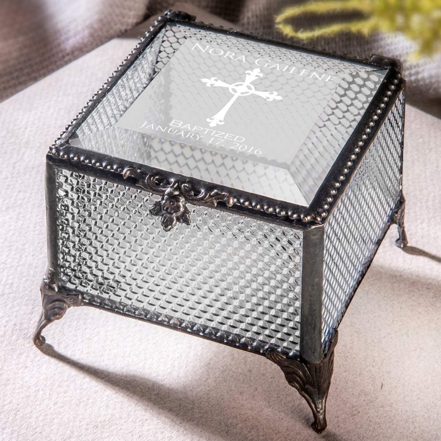 Personalized Baptism Gift for Girls - Engraved Clear Glass Jewelry Keepsake Box with Devlin Box 825 EB222 Design - Perfect for Christening, First Communion & Special Occasions