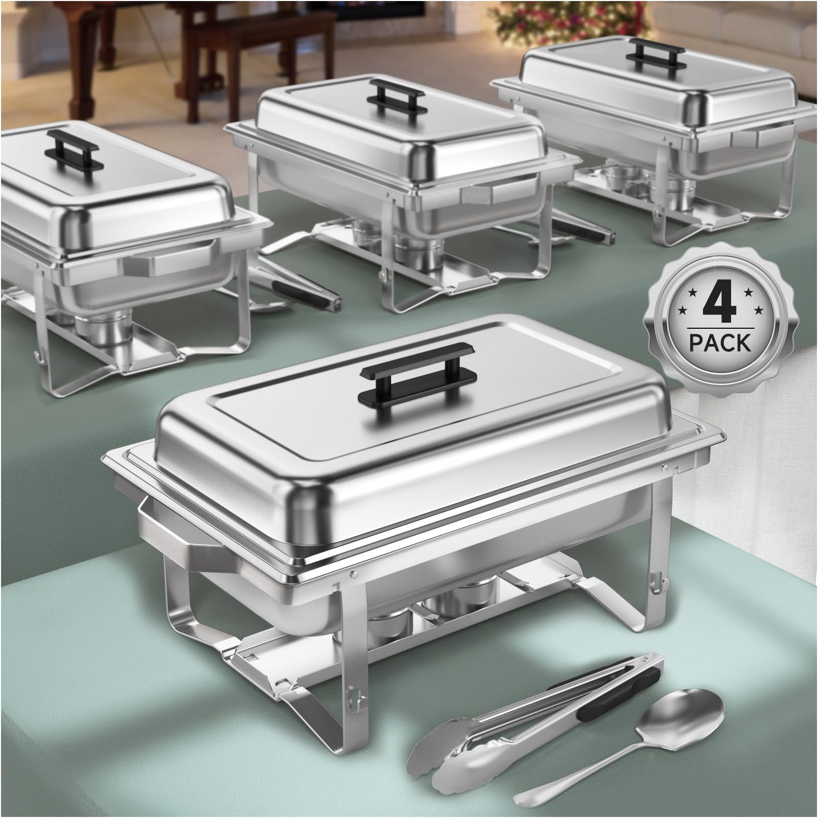 4-Pack 9.5QT Stainless Steel Chafing Dish Buffet Set with Gray Handles - Commercial Grade Catering Supplies for Restaurants, Weddings & Buffet Serving (Silver)