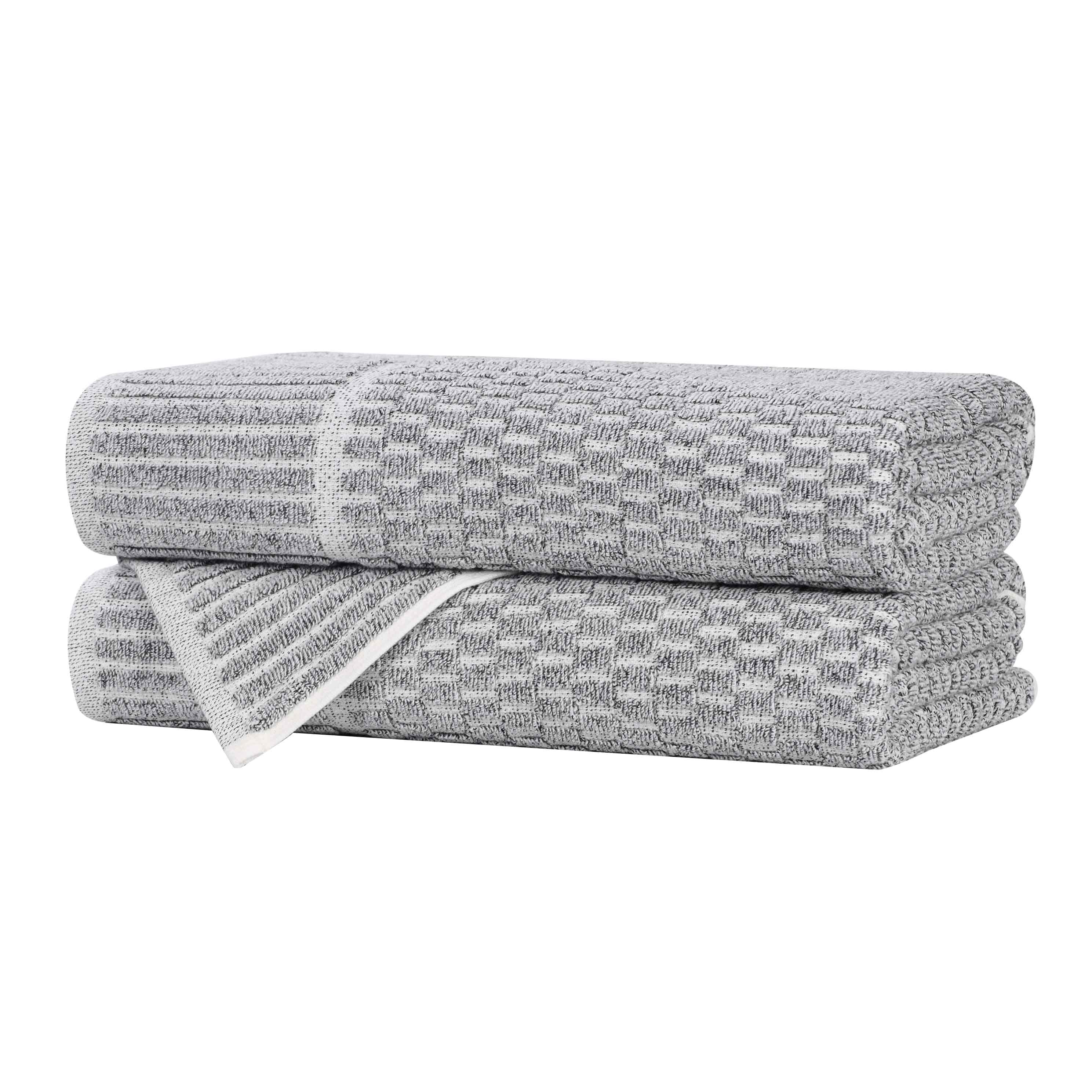 Premium Cotton Blend Checkered Border Bath Towels Set of 2 - Soft, Absorbent & Quick-Drying Medium Weight Towels for Bathroom, Spa, Gym & Beach Use