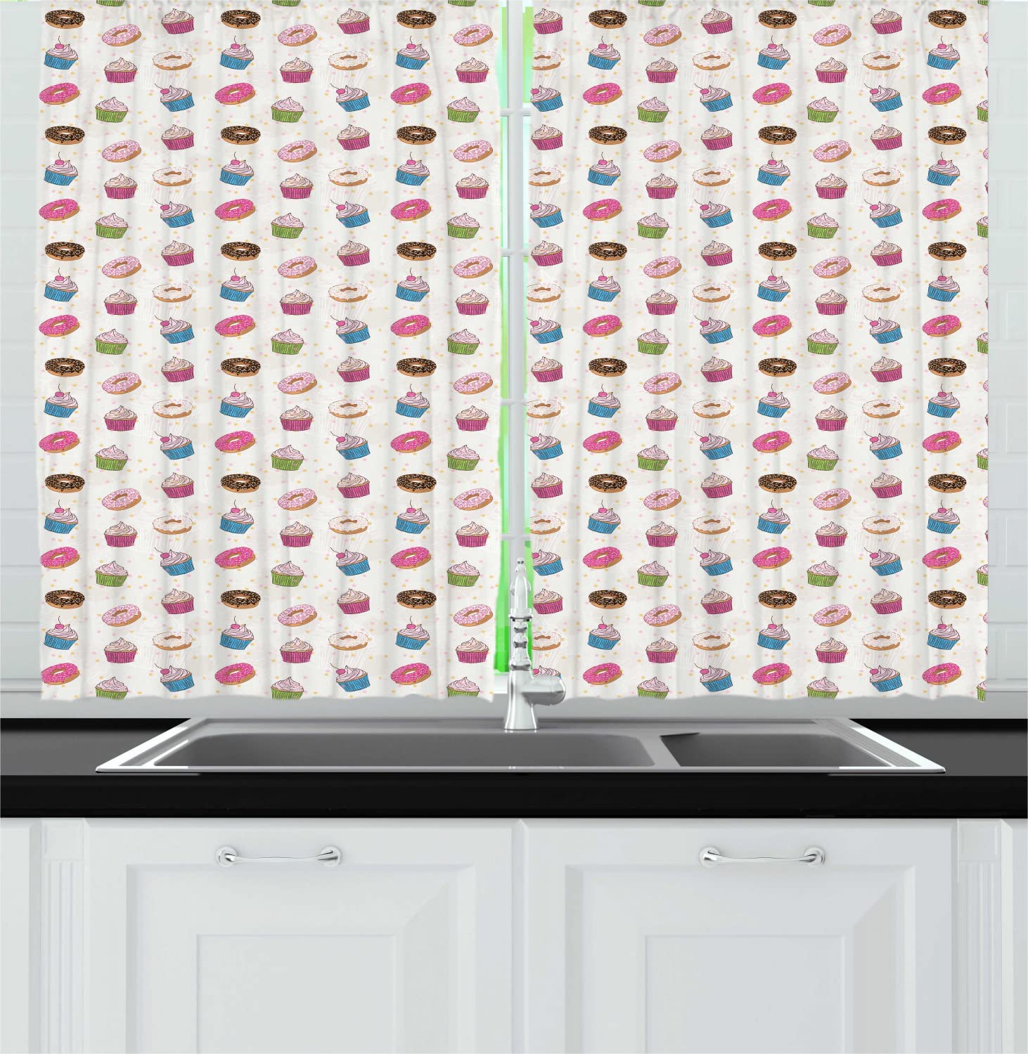 Ambesonne Bakery Long Kitchen Curtains - Hand Drawn Colorful Cartoon Cupcakes Donuts Desserts & Star Motifs - 2 Panel Drapes with Rod Pocket - 55x45 Inch Ivory Multicolor - Perfect for Coffee Shops, Bakeries & Sweet-Themed Room Decor