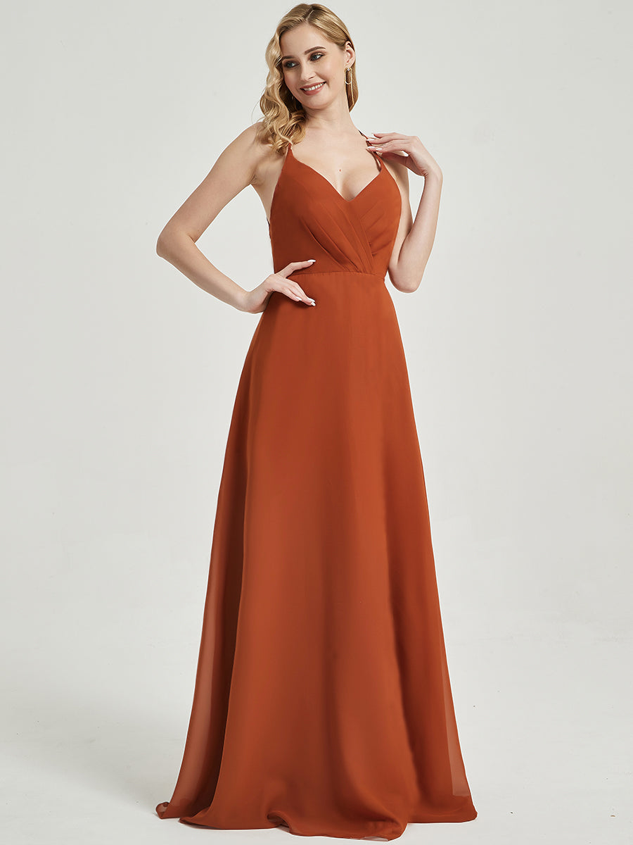 Elegant Burnt Orange Pleated Halter V-Neck Backless Chiffon Bridesmaid Dress - Perfect for Weddings, Formal Events & Evening Parties