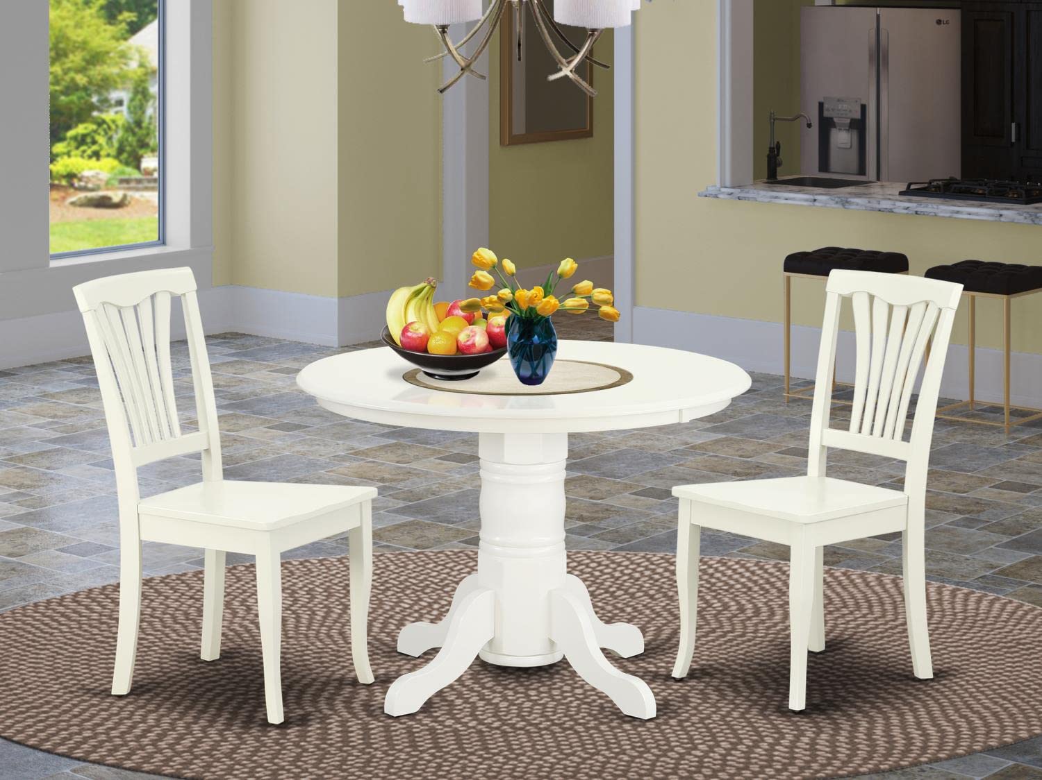 East West Furniture SHAV3-LWH-W 3-Piece Round Dining Table Set with Pedestal Base & 2 Chairs, 42x42 Inch, Linen White - Perfect for Small Spaces, Apartments & Cozy Kitchens