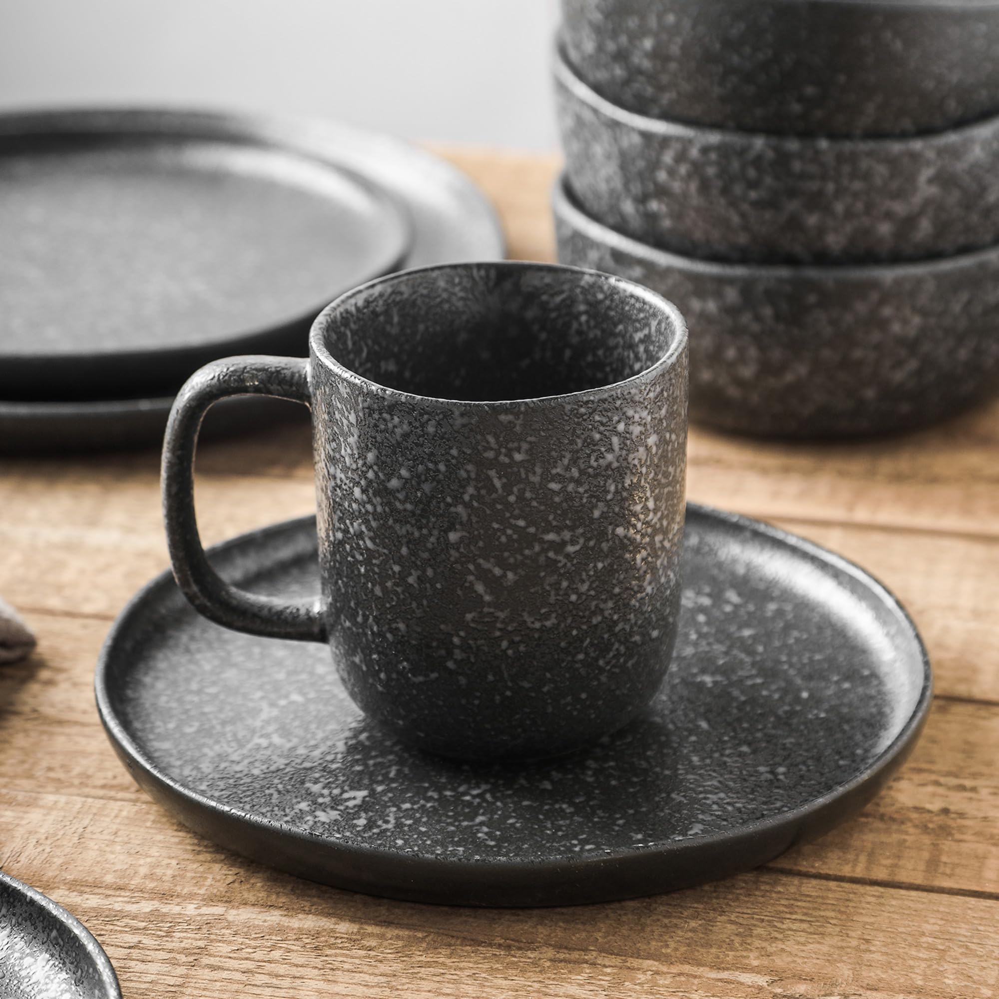 16-Piece Stoneware Dinnerware Set - Reactive Glaze Plates & Bowls for 4 - Microwave & Dishwasher Safe - Black & White - Perfect for Family Dinners, Entertaining Guests & Everyday Use