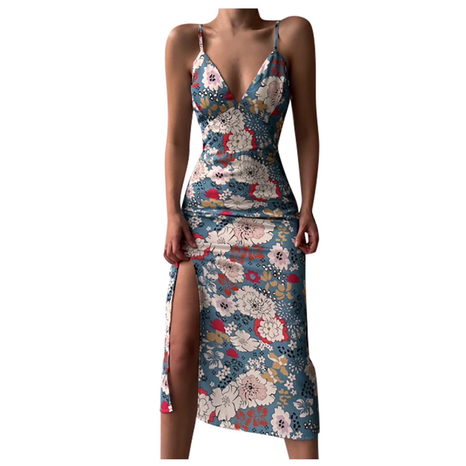 Women's Floral Print High Split Maxi Dress - Deep V-Neck Spaghetti Strap Cocktail Evening Dress for Wedding Guest, Party, Date Night & Summer Vacation
