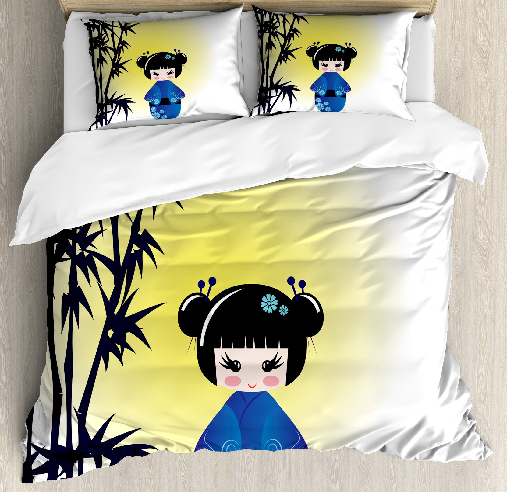 Ambesonne Anime Duvet Cover Set - Japanese Traditional Kokeshi Doll & Exotic Tree Kimono Print, 3-Piece Queen Size Bedding with 2 Pillow Shams, Multicolor | Perfect for Anime Fans, Japanese Culture Enthusiasts & Unique Home Decor
