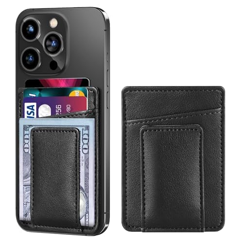 Magnetic Leather Wallet Card Holder for iPhone 16/16 Pro/15/14/13/12 Series - Slim RFID Blocking Wallet Case with Strong Magnet - Perfect for Everyday Use, Travel & Contactless Payments (Black)